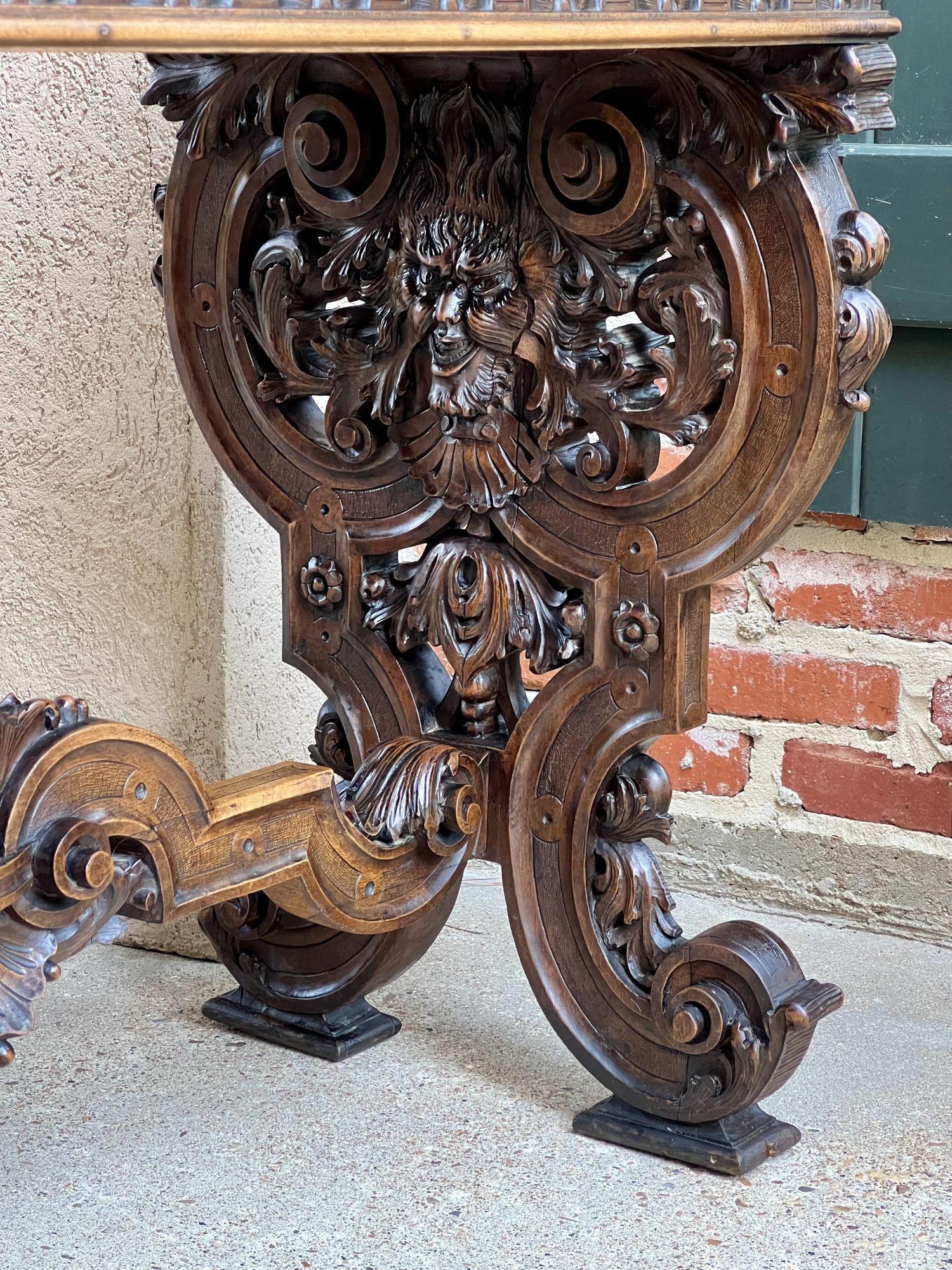 18th Century Antique French Console Sofa Table Louis XIV Carved Walnut Lyre Scroll c1880 For Sale