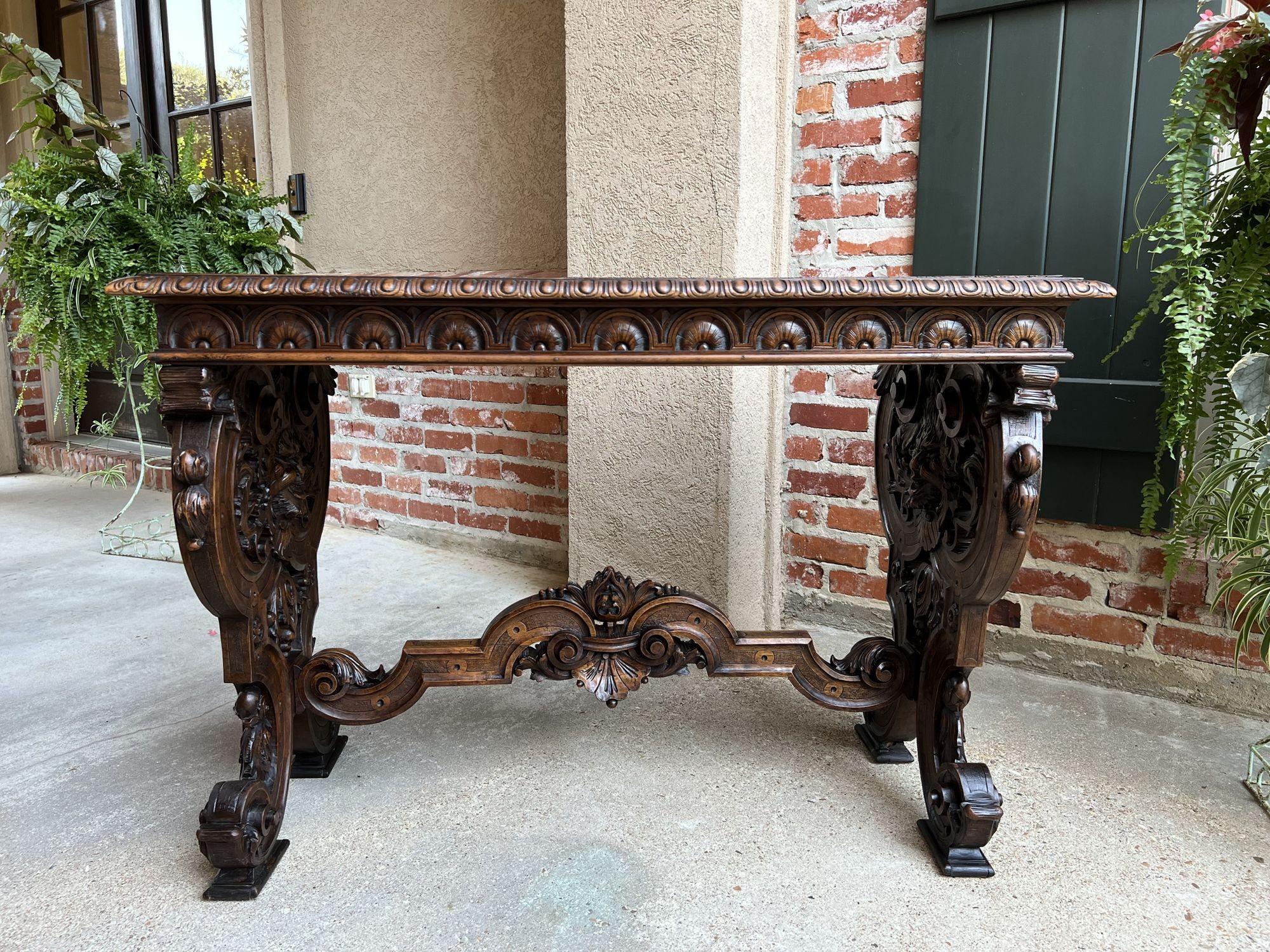 Oak Antique French Console Sofa Table Louis XIV Carved Walnut Lyre Scroll c1880 For Sale