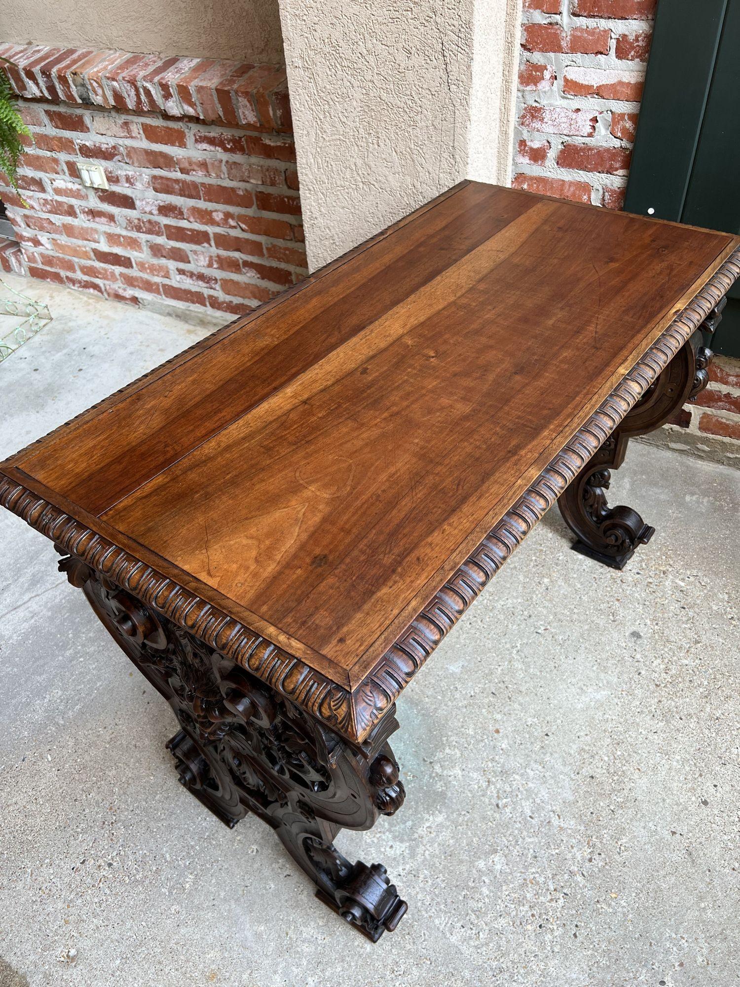 Antique French Console Sofa Table Louis XIV Carved Walnut Lyre Scroll c1880 For Sale 1