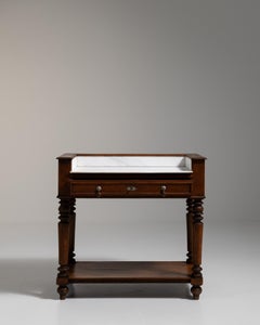19th Century French Console Table, Brown Wood with Marble Detailing