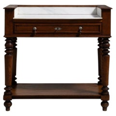 19th Century French Console Table, Brown Wood with Marble Detailing