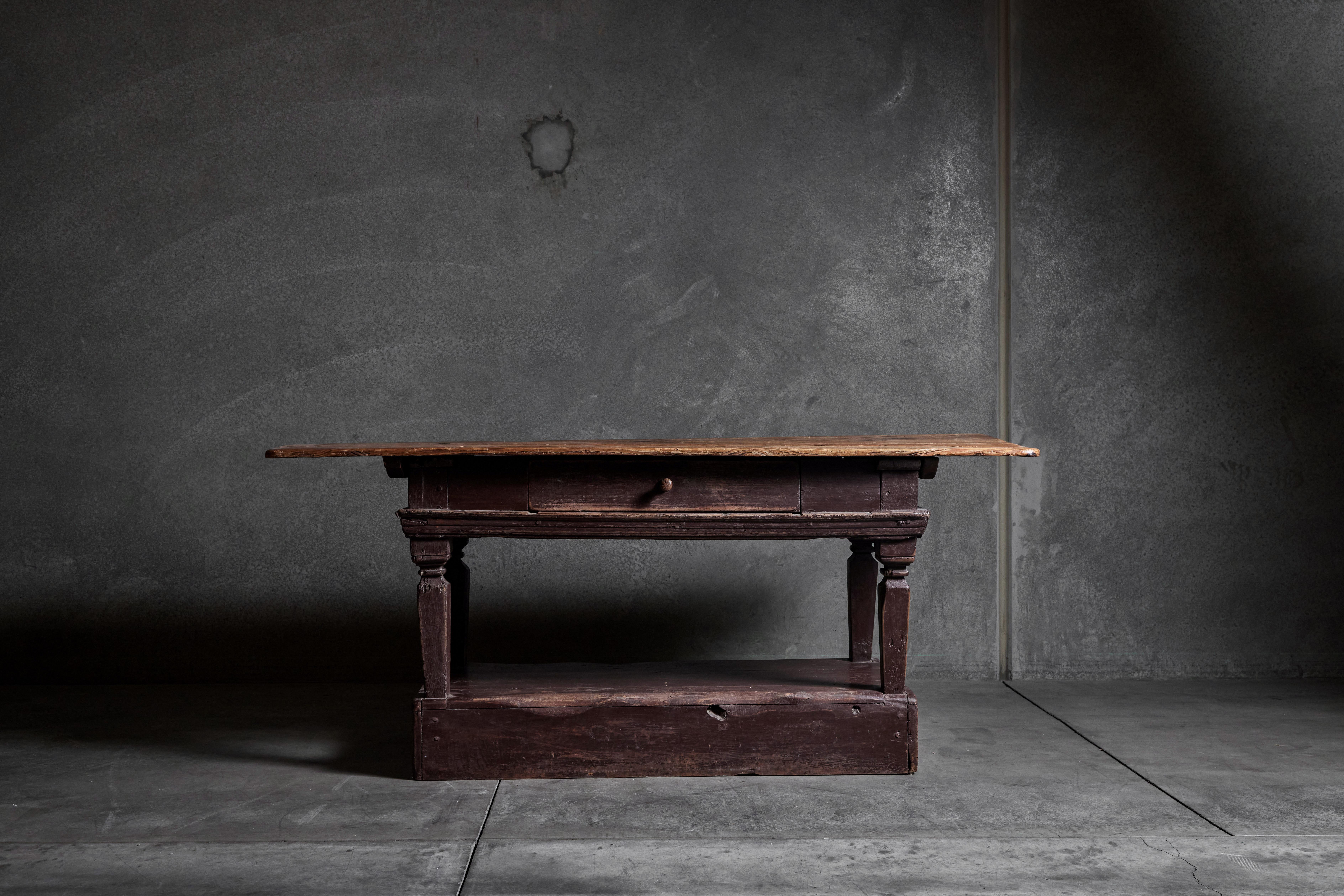 19th century rustic wood console table with drawer. Made in France circa 19th century.