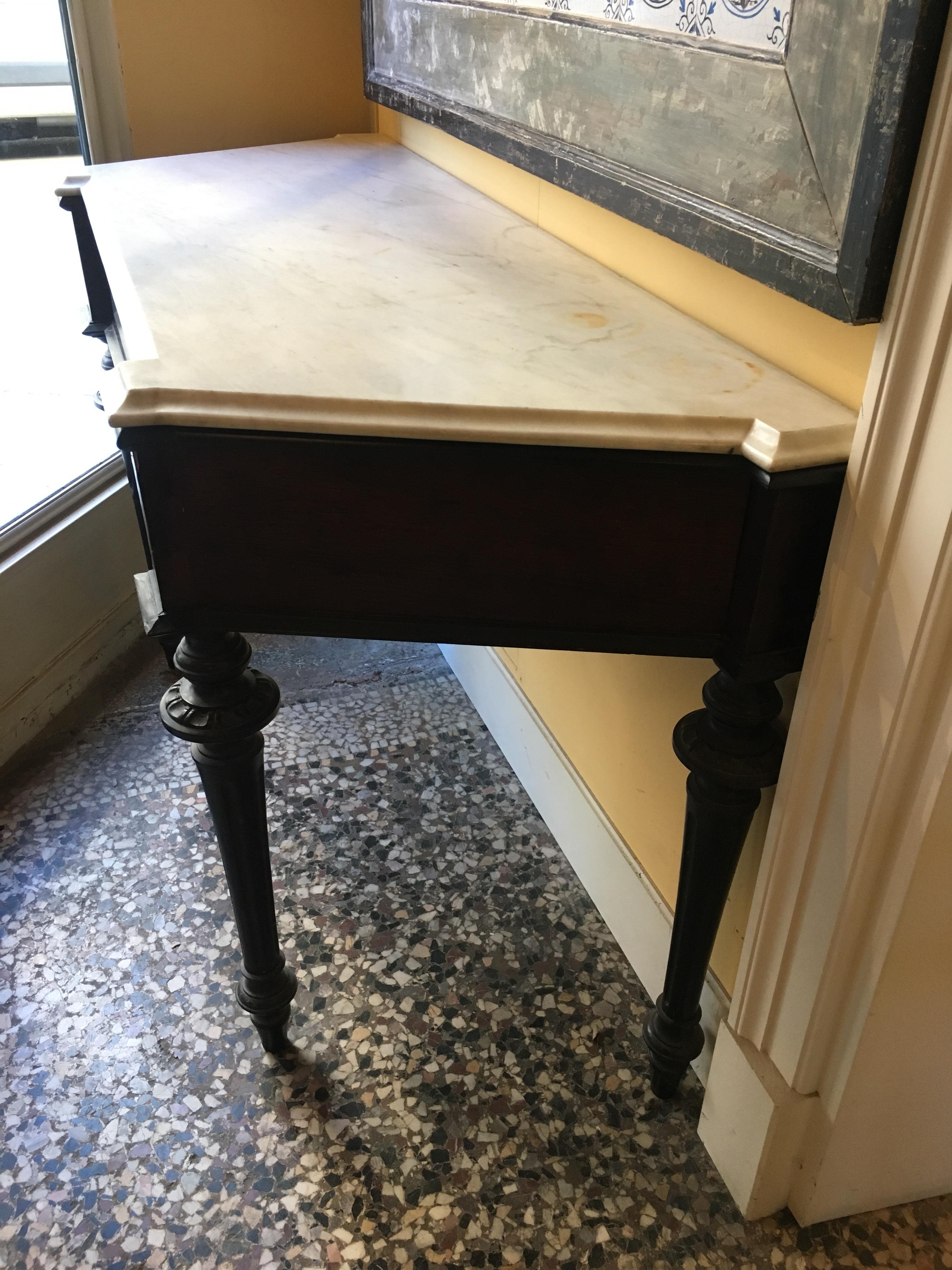 Late 19th Century 19th Century French Console with Carrara Marble Top and Black Lacquered Legs For Sale