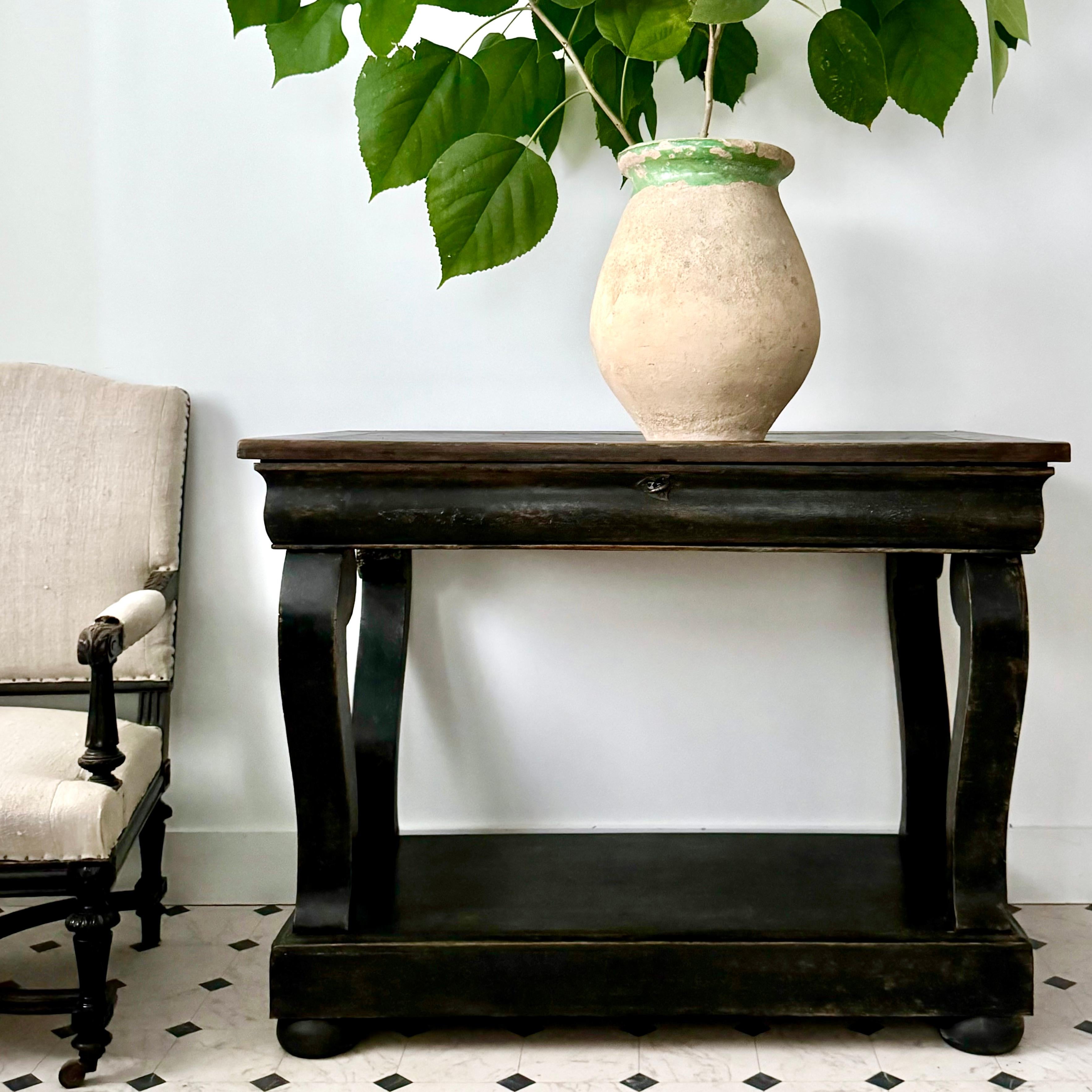 Hand-Carved 19th Century French Console With Drawer And Lower Shelf For Sale