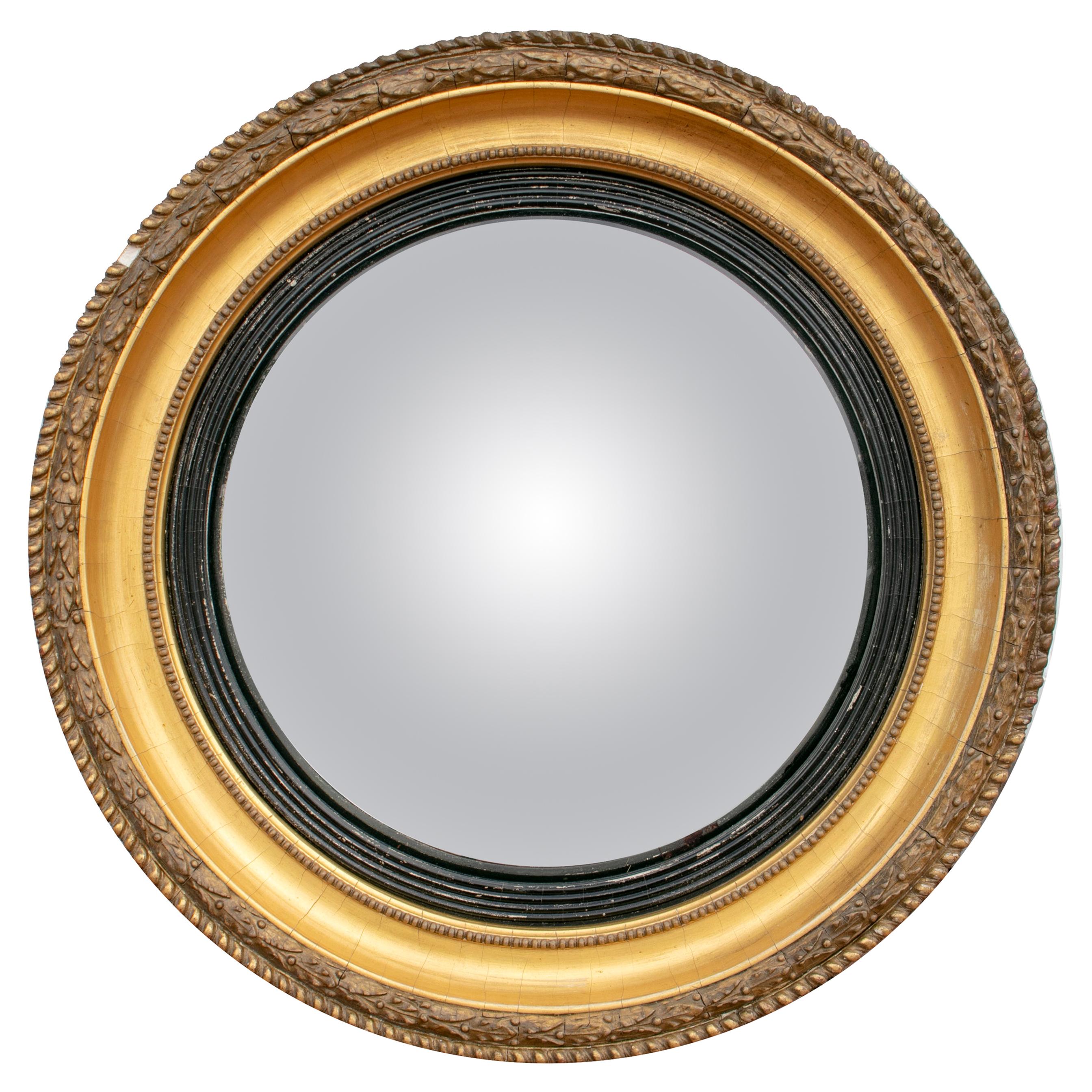19th Century French Convex Round Mirror with Gilt Frame