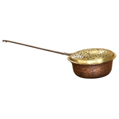 19th Century French Copper and Brass Bed Warmer Bassinoire with Iron Handle