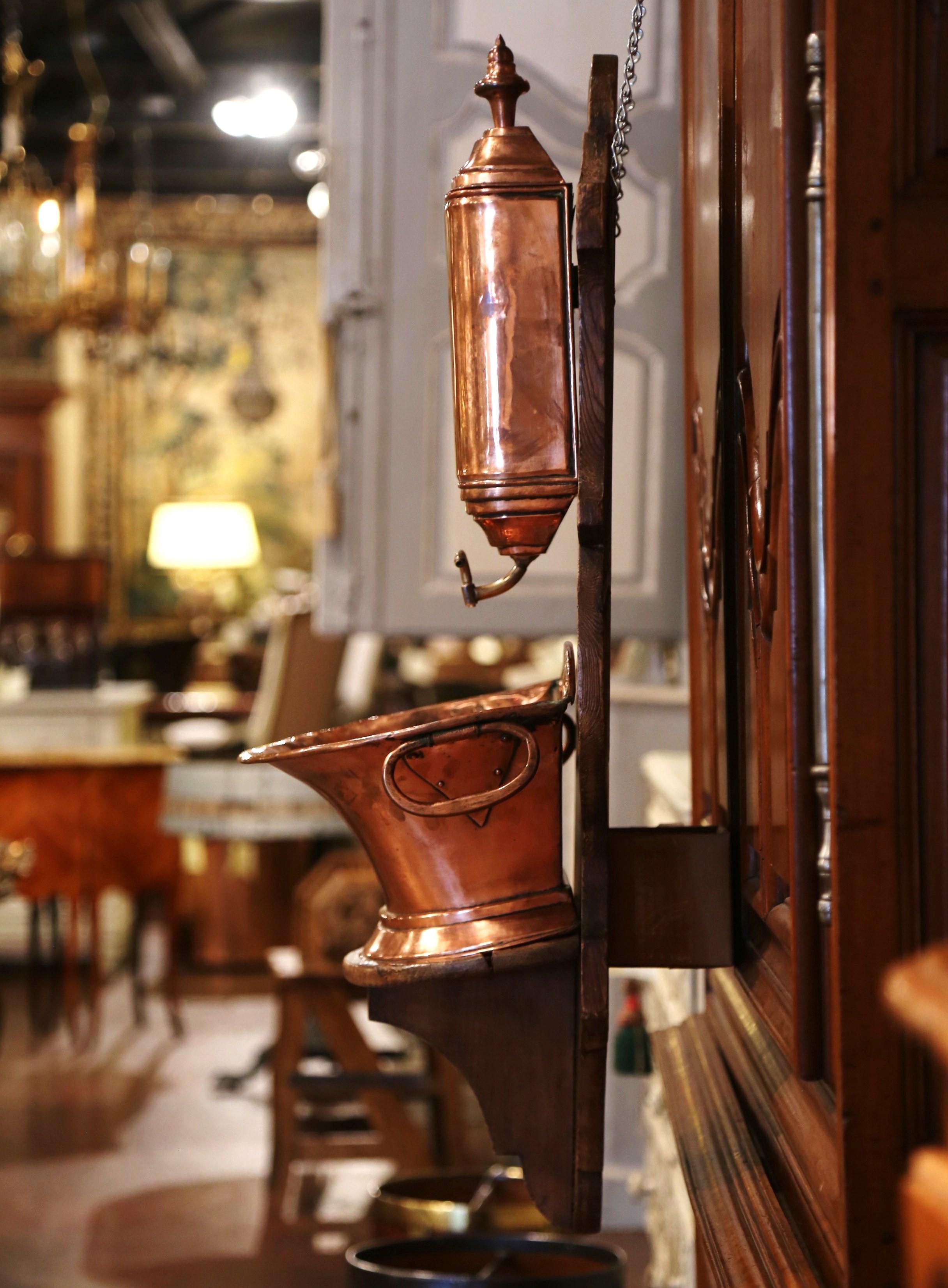 Hand-Crafted 19th Century French Copper and Brass Lavabo Fountain on Pine Wall Mount