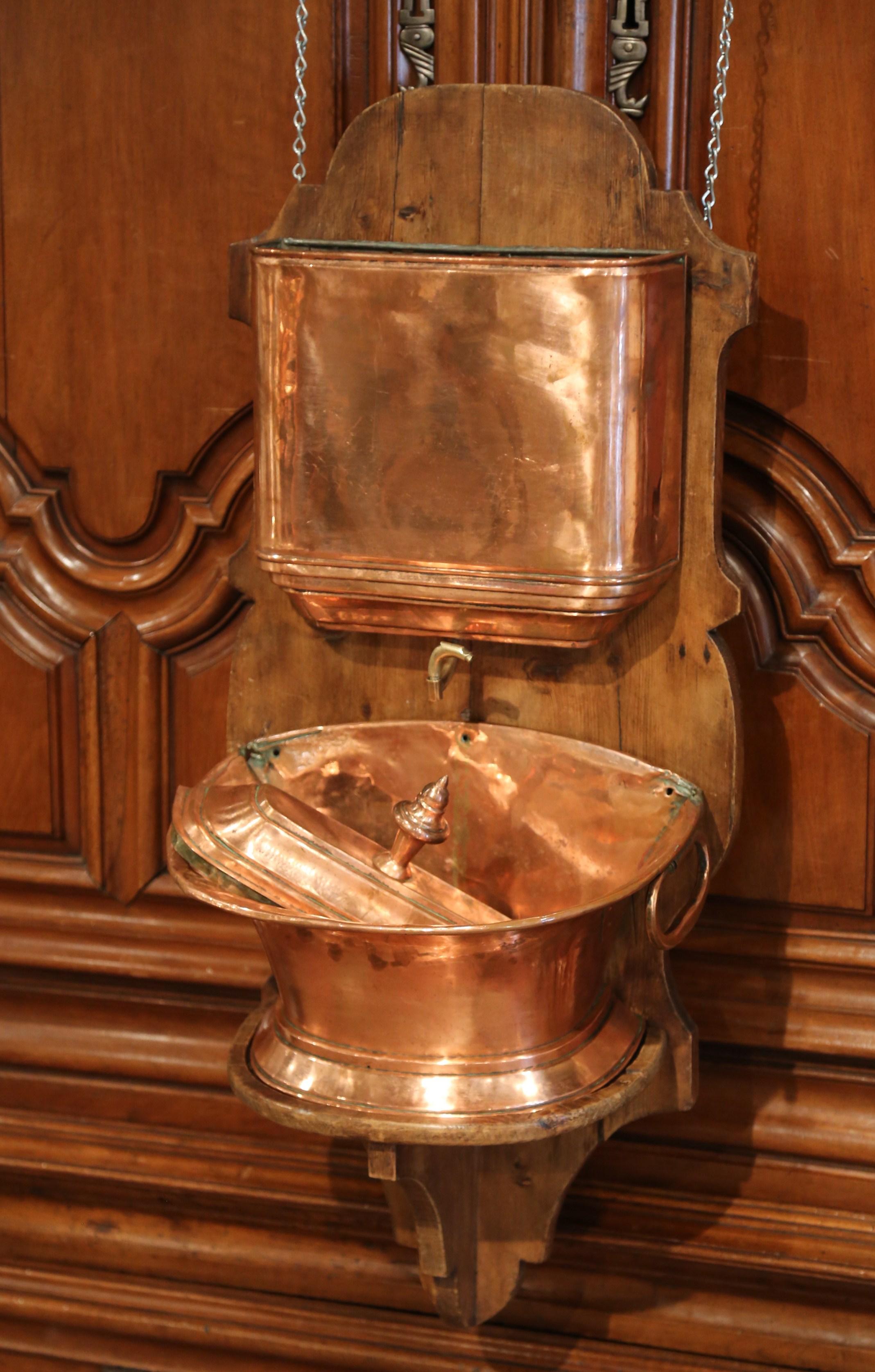 19th Century French Copper and Brass Lavabo Fountain on Pine Wall Mount In Excellent Condition In Dallas, TX
