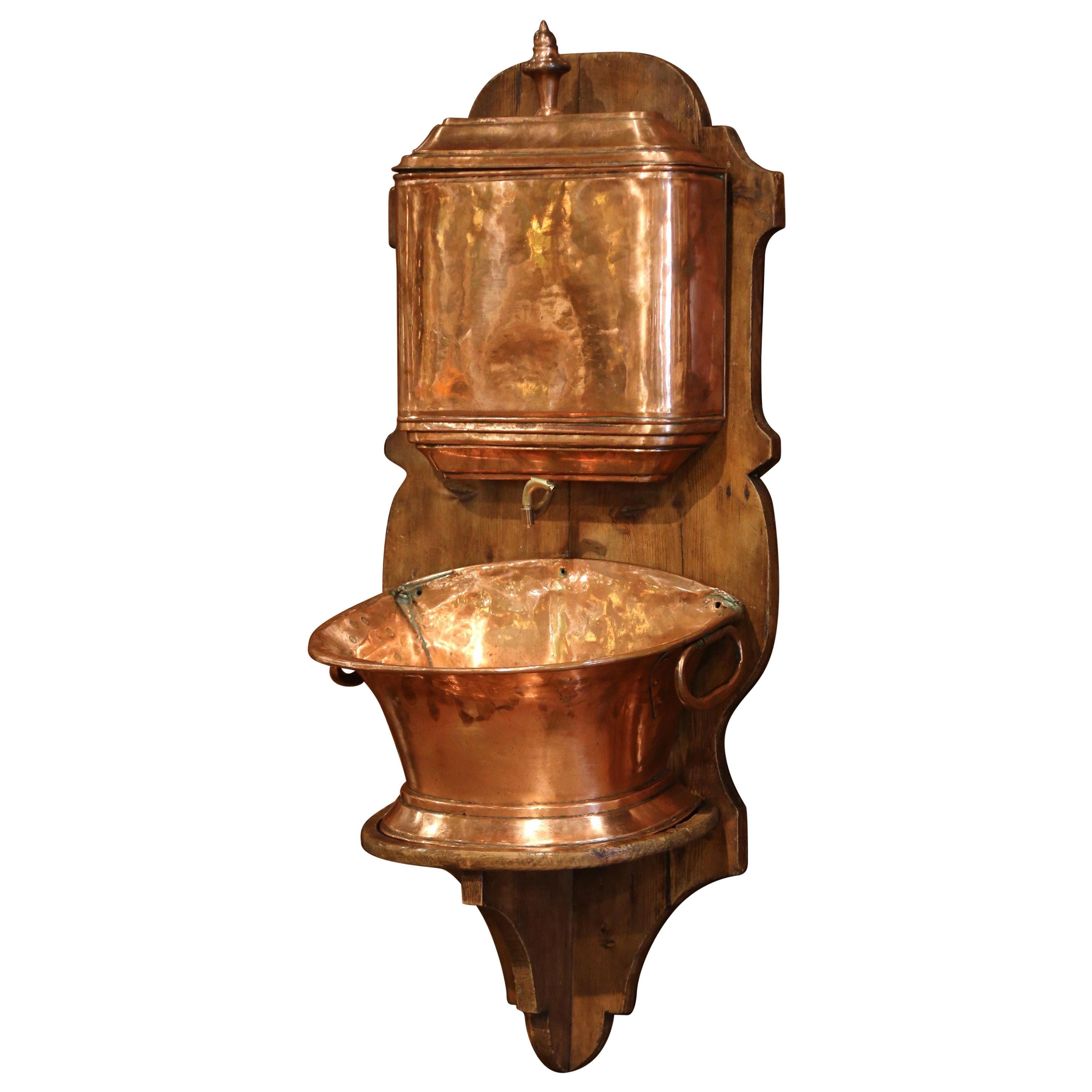 19th Century French Copper and Brass Lavabo Fountain on Pine Wall Mount