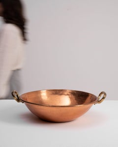 19th Century French Copper Bowl with Brass Handles, Antique Decor