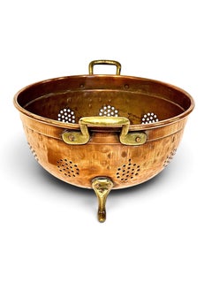 19th Century French Copper Colander with Brass Handles and Feet