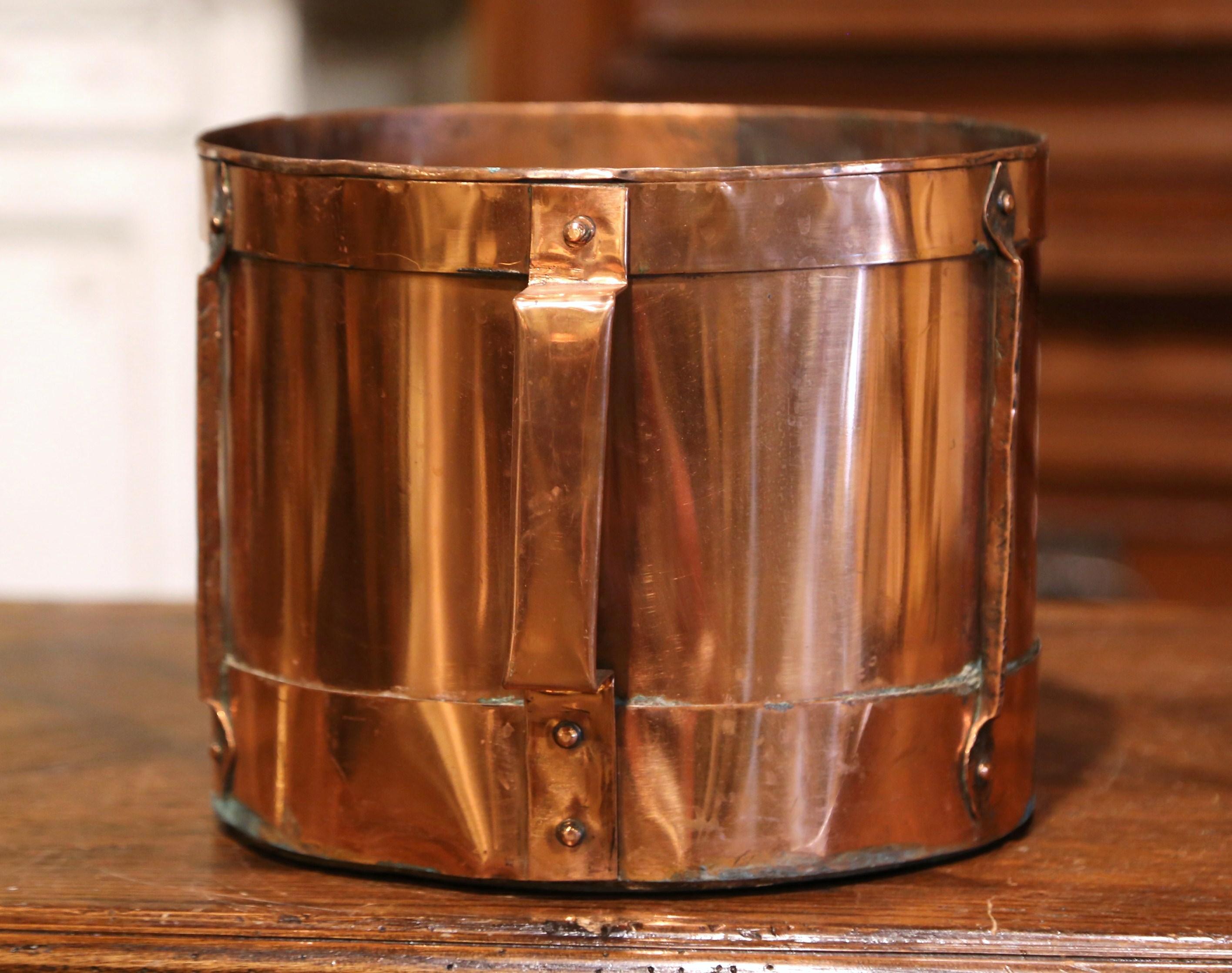 Hammered 19th Century French Copper Grain Measure Bucket with Side Handles