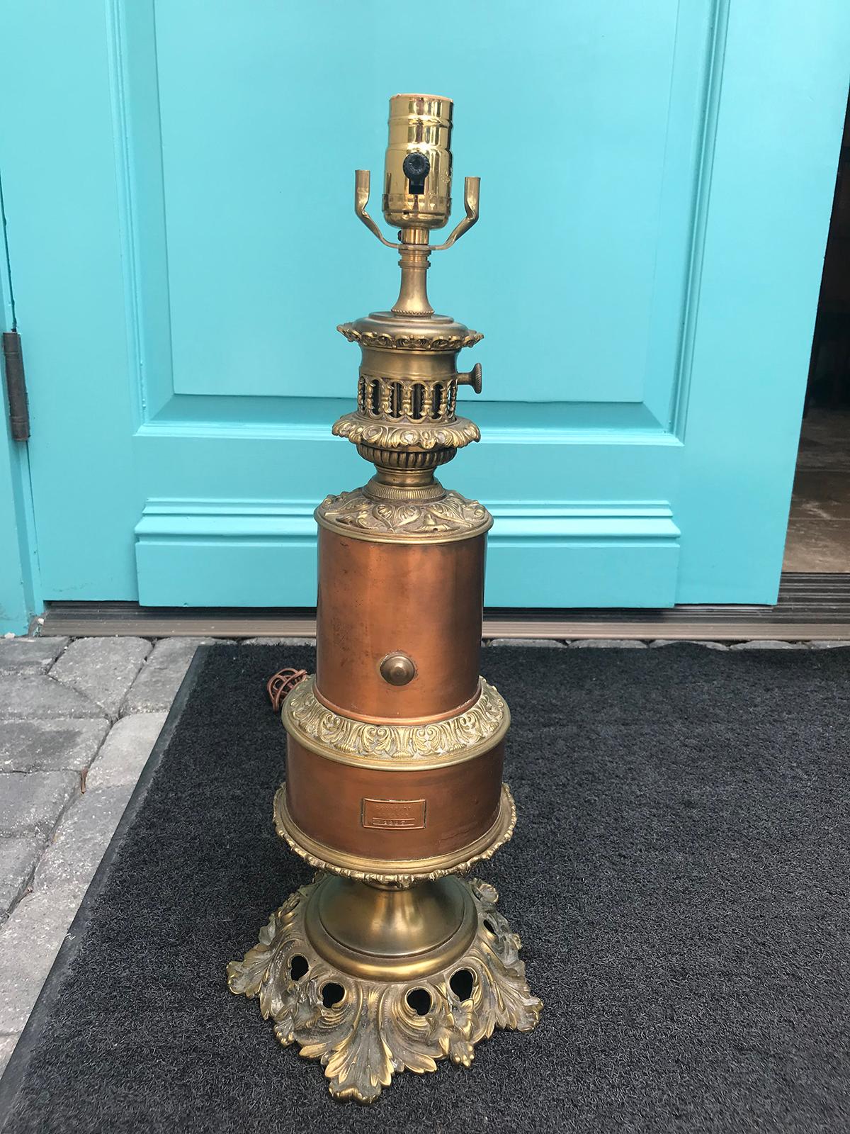 19th Century French Copper Oil Lamp with Brass Detail and Boussard Patent Label In Good Condition For Sale In Atlanta, GA