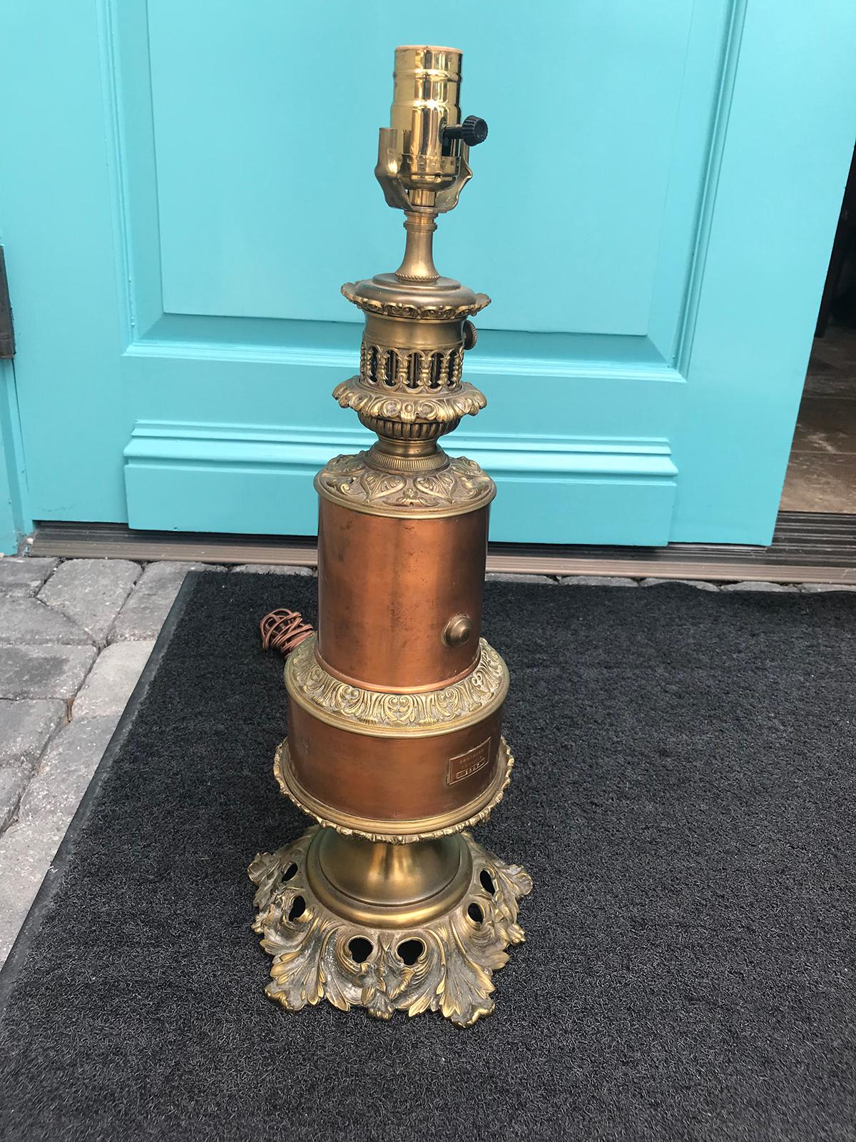 19th Century French Copper Oil Lamp with Brass Detail and Boussard Patent Label For Sale 1