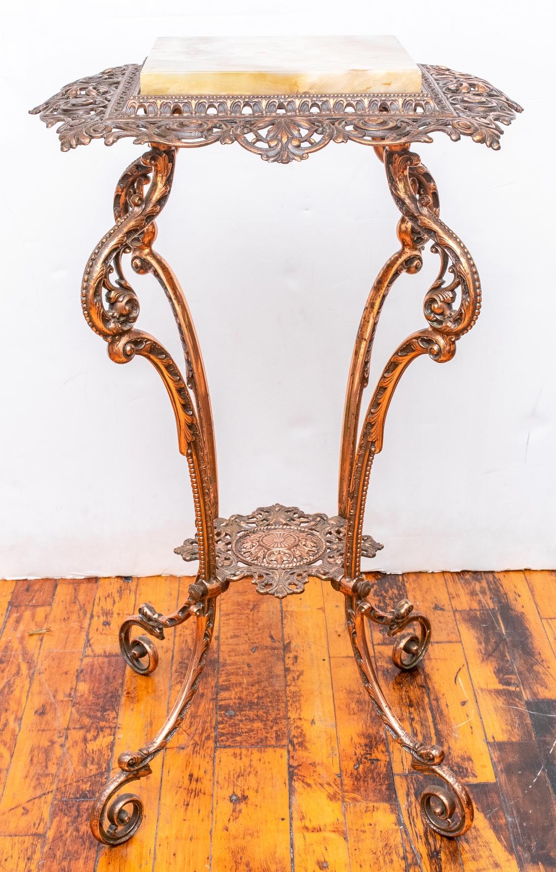 19th century French copper plant stand or pedestal with onyx insert on top. Elaborate design.