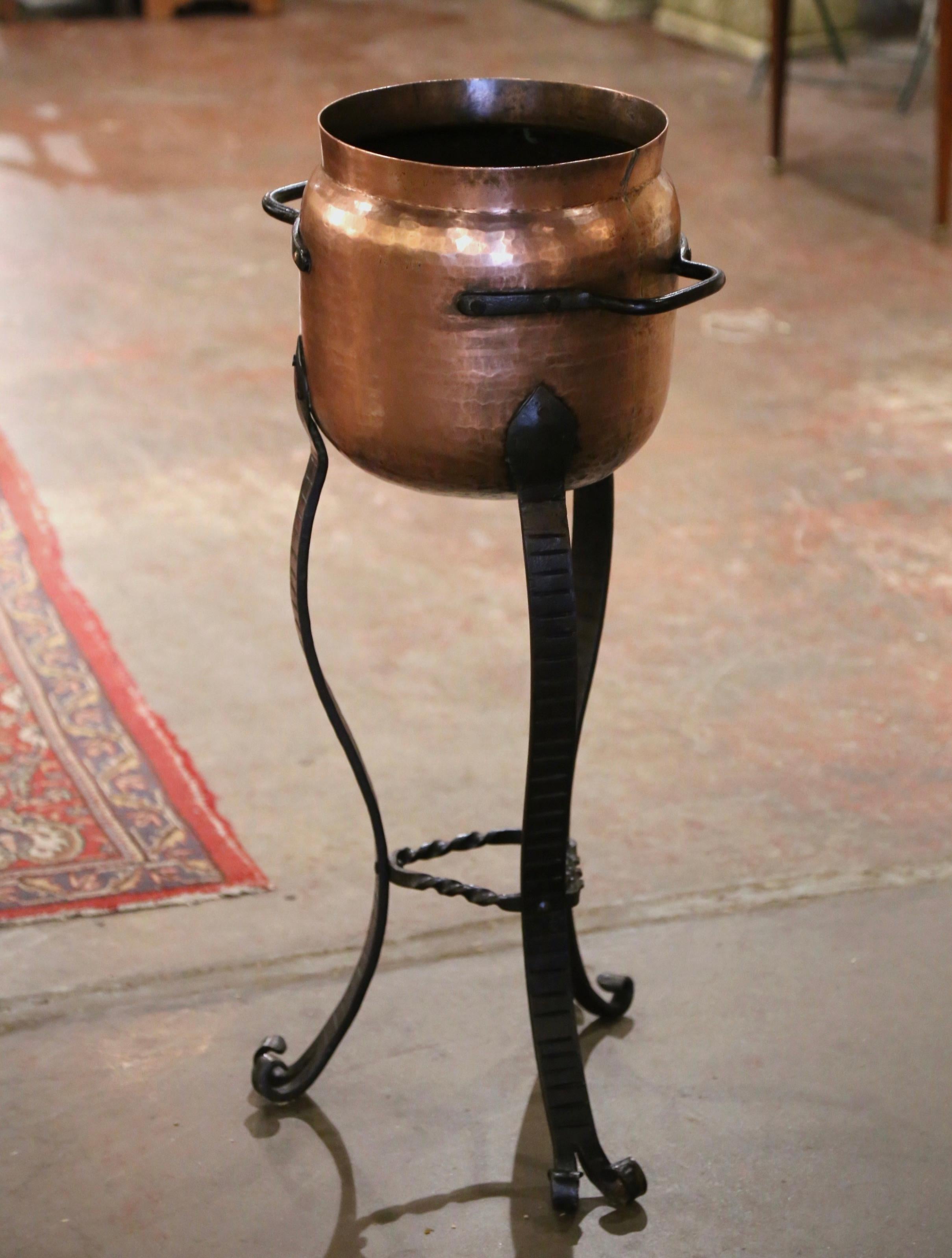 19th Century French Copper Planter on Integral Three-Leg Wrought Iron Stand In Excellent Condition For Sale In Dallas, TX