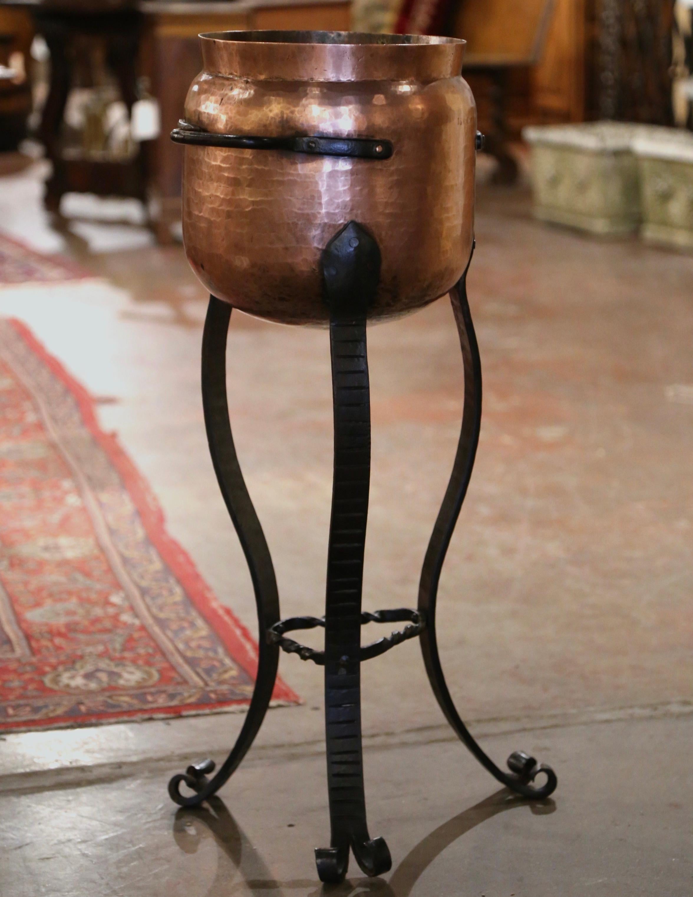 19th Century French Copper Planter on Integral Three-Leg Wrought Iron Stand For Sale 1