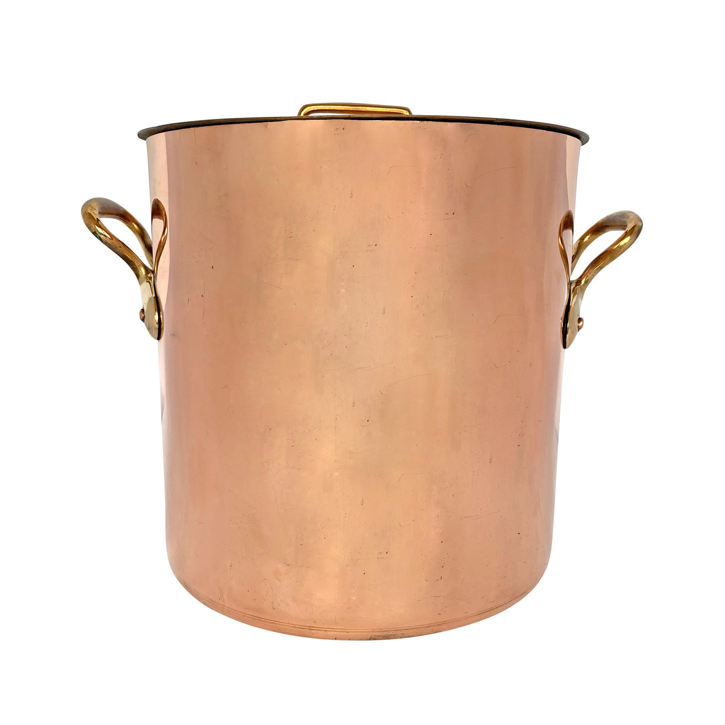 A fantastic large 28 quart, 1.5 mm thick, 19th century French copper stock pot with lid, both parts with heavy bronze handles. Both lid and pot are stamped with a 