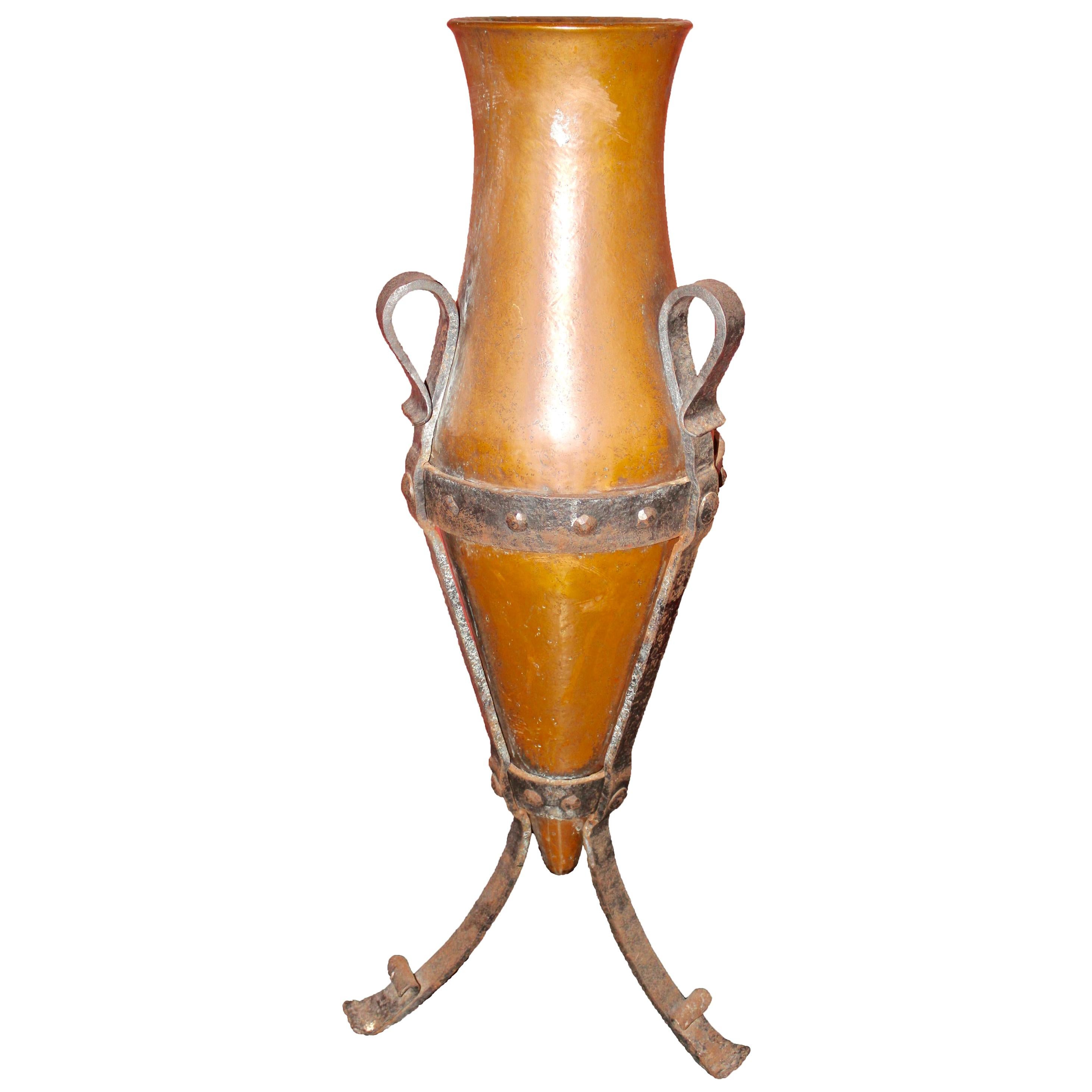 19th Century French Copper Urn with a Forged Base and Very Decorative