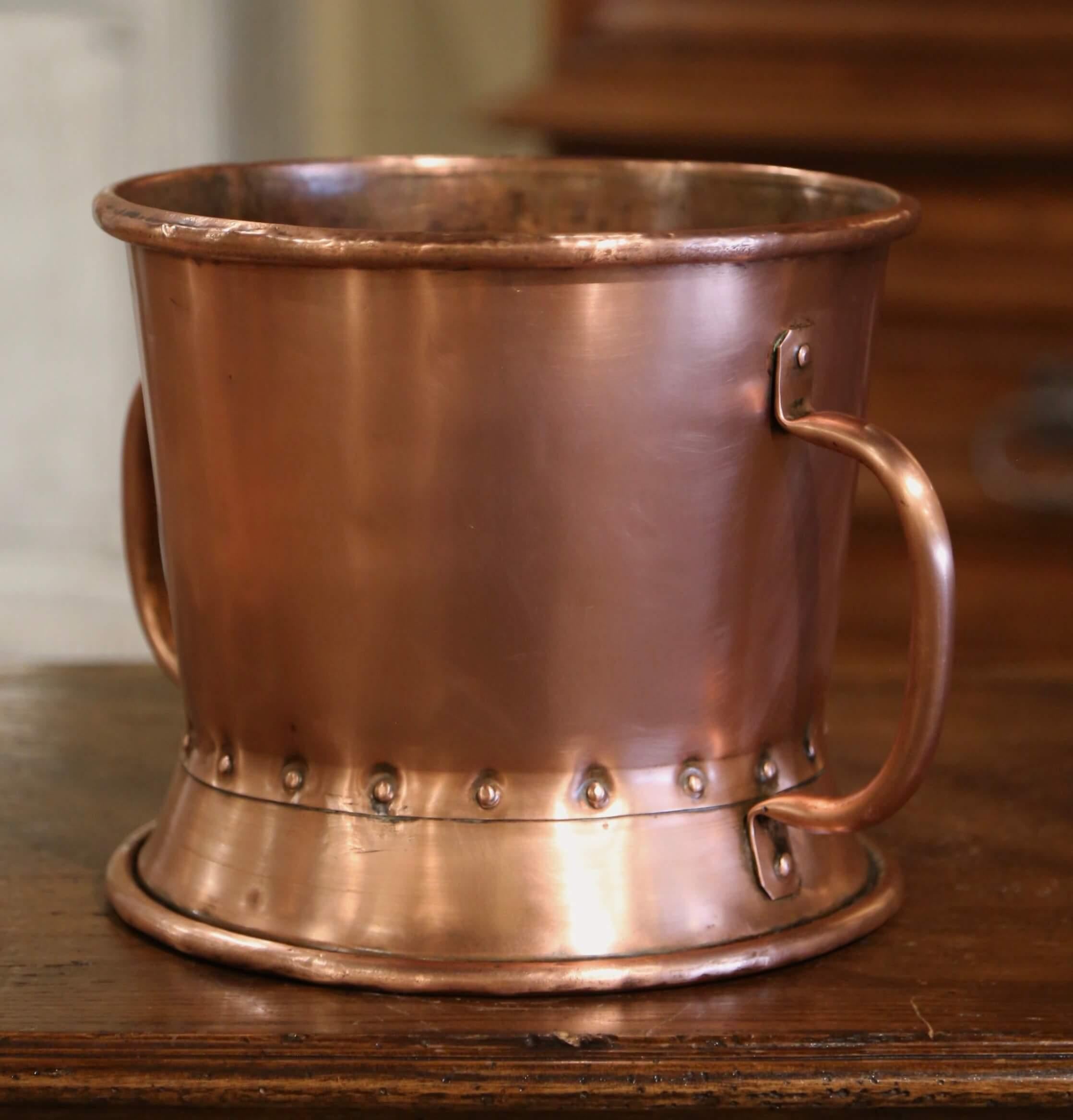 Country 19th Century French Copper Waste Basket or Cache Pot with Brass Side Handles For Sale