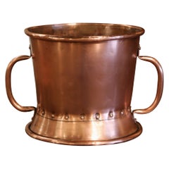 Antique 19th Century French Copper Waste Basket or Cache Pot with Brass Side Handles