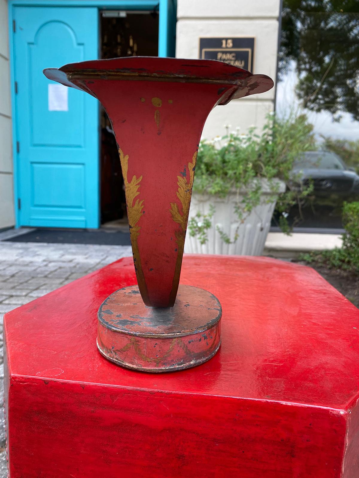 Tôle 19th Century French Cornucopia Red Tole Vase For Sale