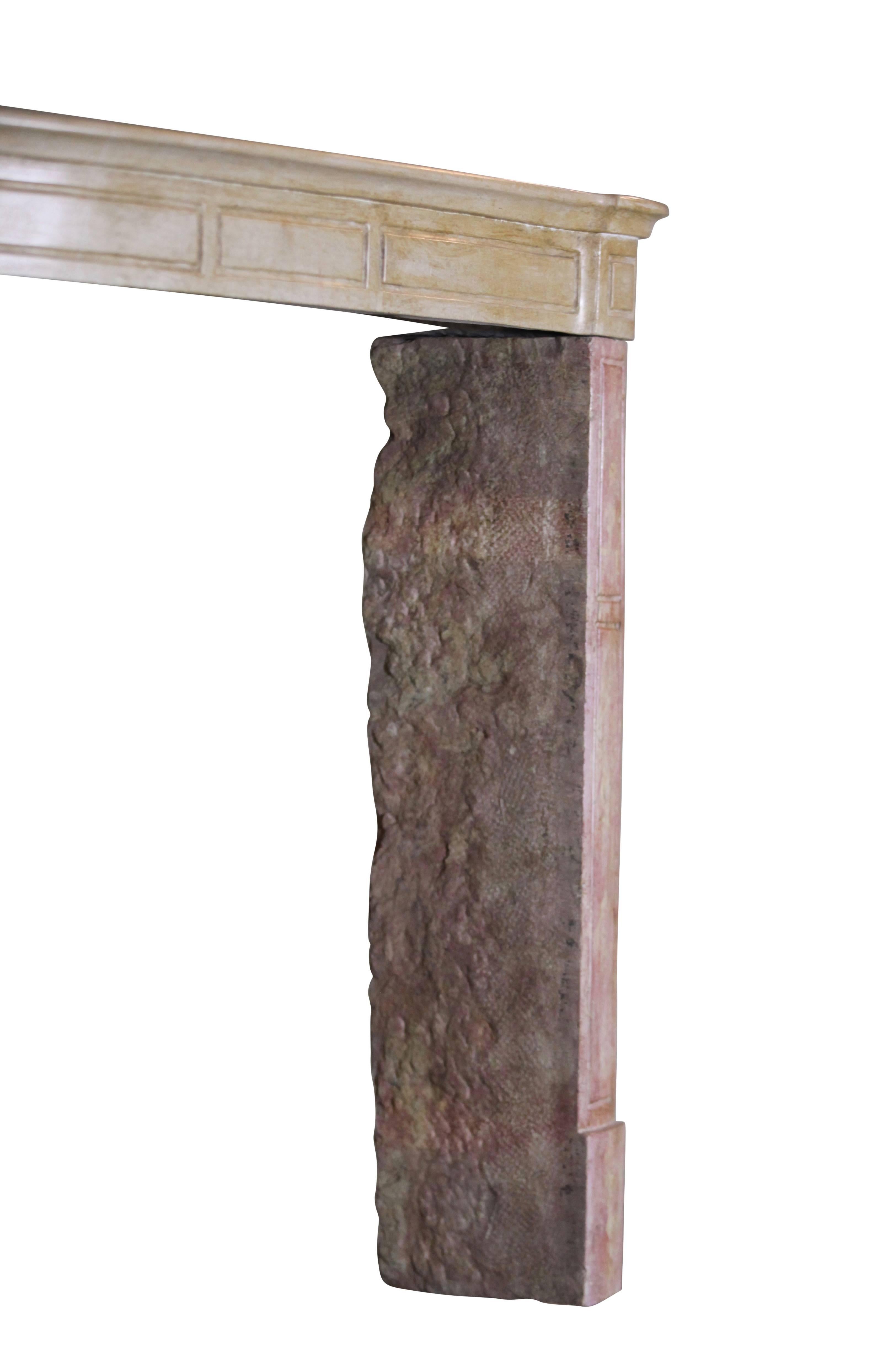 Carved 19th Century French Country Antique Fireplace Surround in Bicolor Lime Stone For Sale