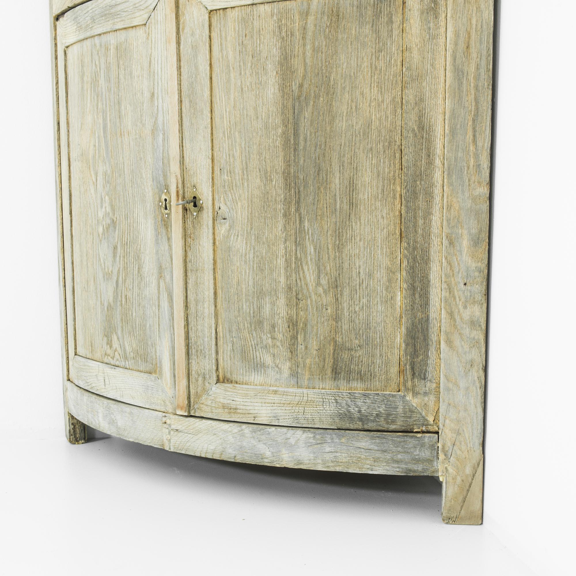 Brass 19th Century French Country Bleached Oak Corner Cabinet 