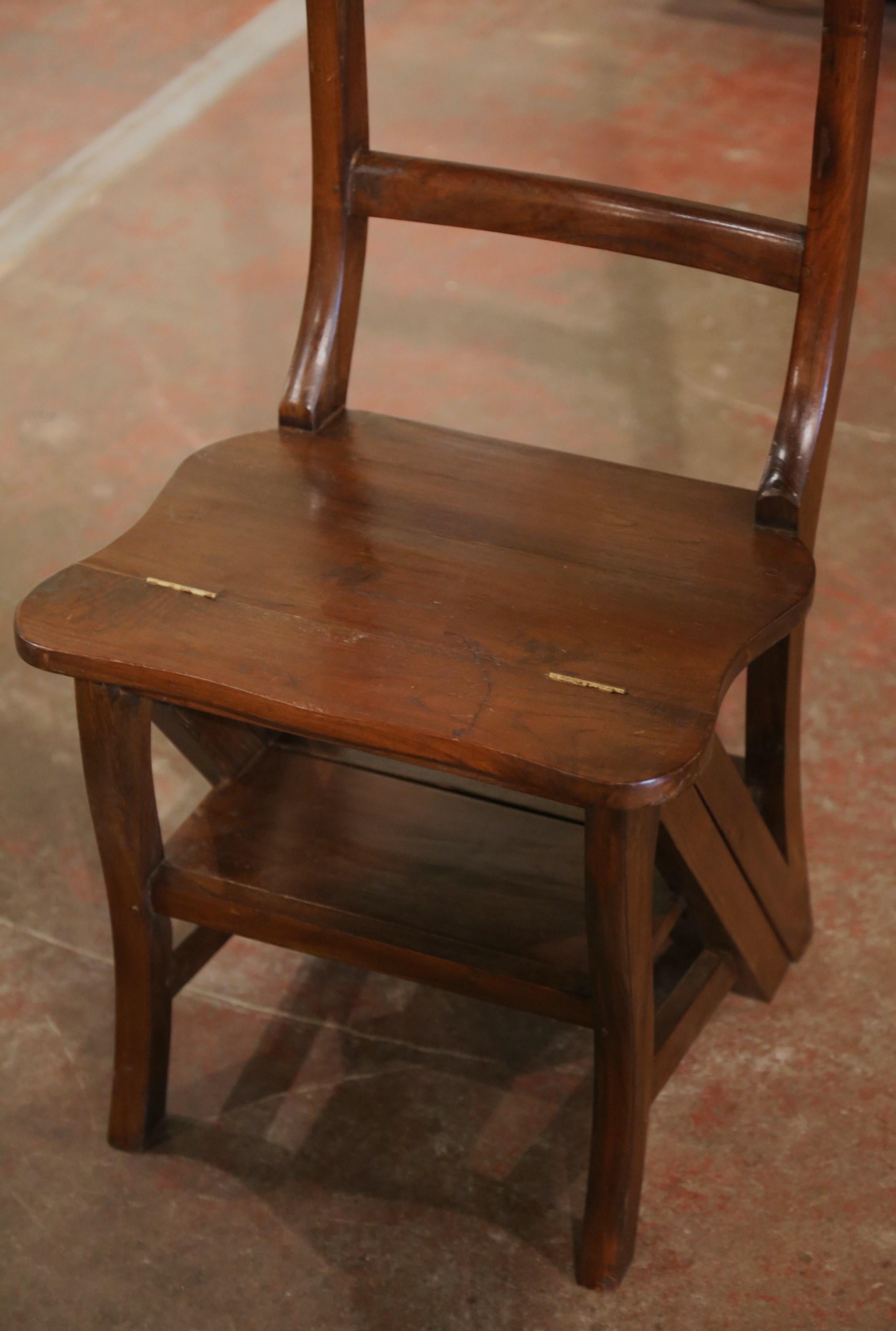 19th Century French Country Carved Oak Metamorphic Folding Chair Step Ladder In Excellent Condition In Dallas, TX