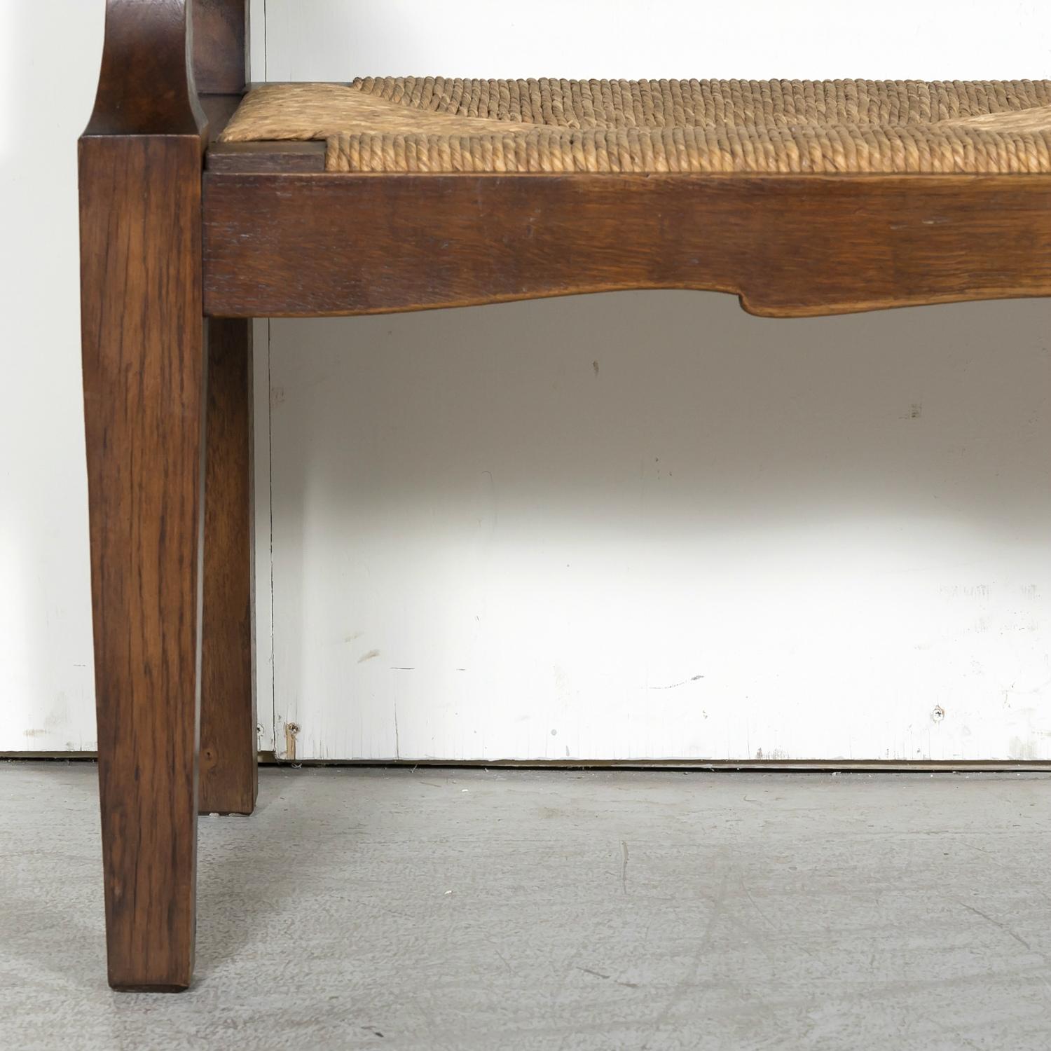 19th Century French Country Carved Oak Radassier or Hall Bench with Rush Seat 6