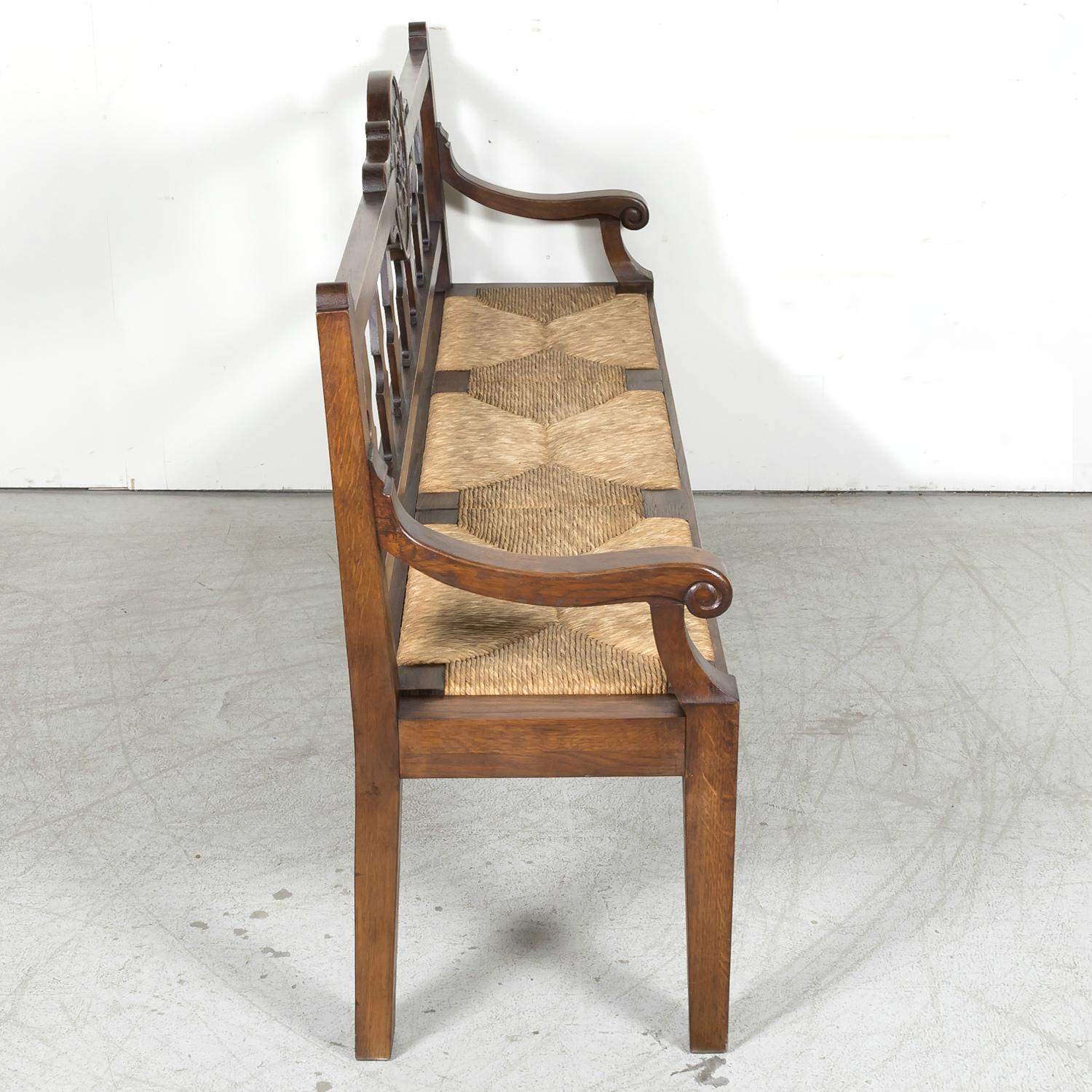 19th Century French Country Carved Oak Radassier or Hall Bench with Rush Seat 11