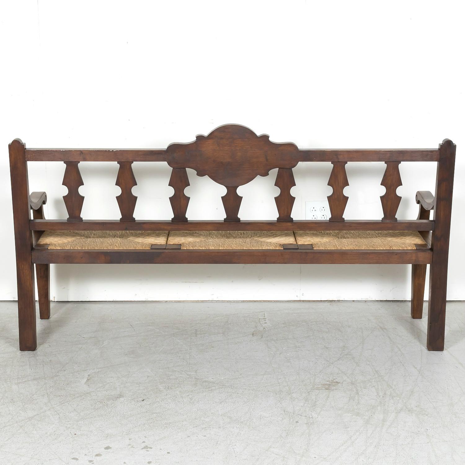 19th Century French Country Carved Oak Radassier or Hall Bench with Rush Seat 15