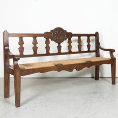 19th Century French Country Carved Oak Radassier or Hall Bench with Rush Seat