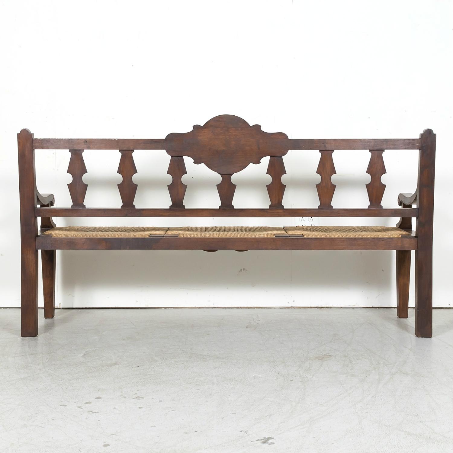 19th Century French Country Carved Oak Radassier or Hall Bench with Rush Seat 16