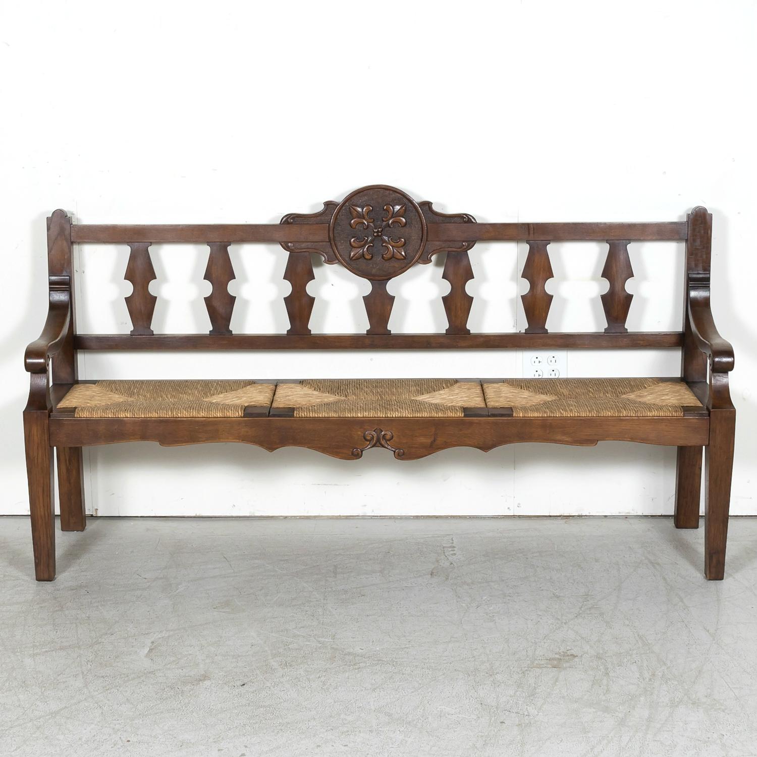 19th Century French Country Carved Oak Radassier or Hall Bench with Rush Seat In Good Condition In Birmingham, AL