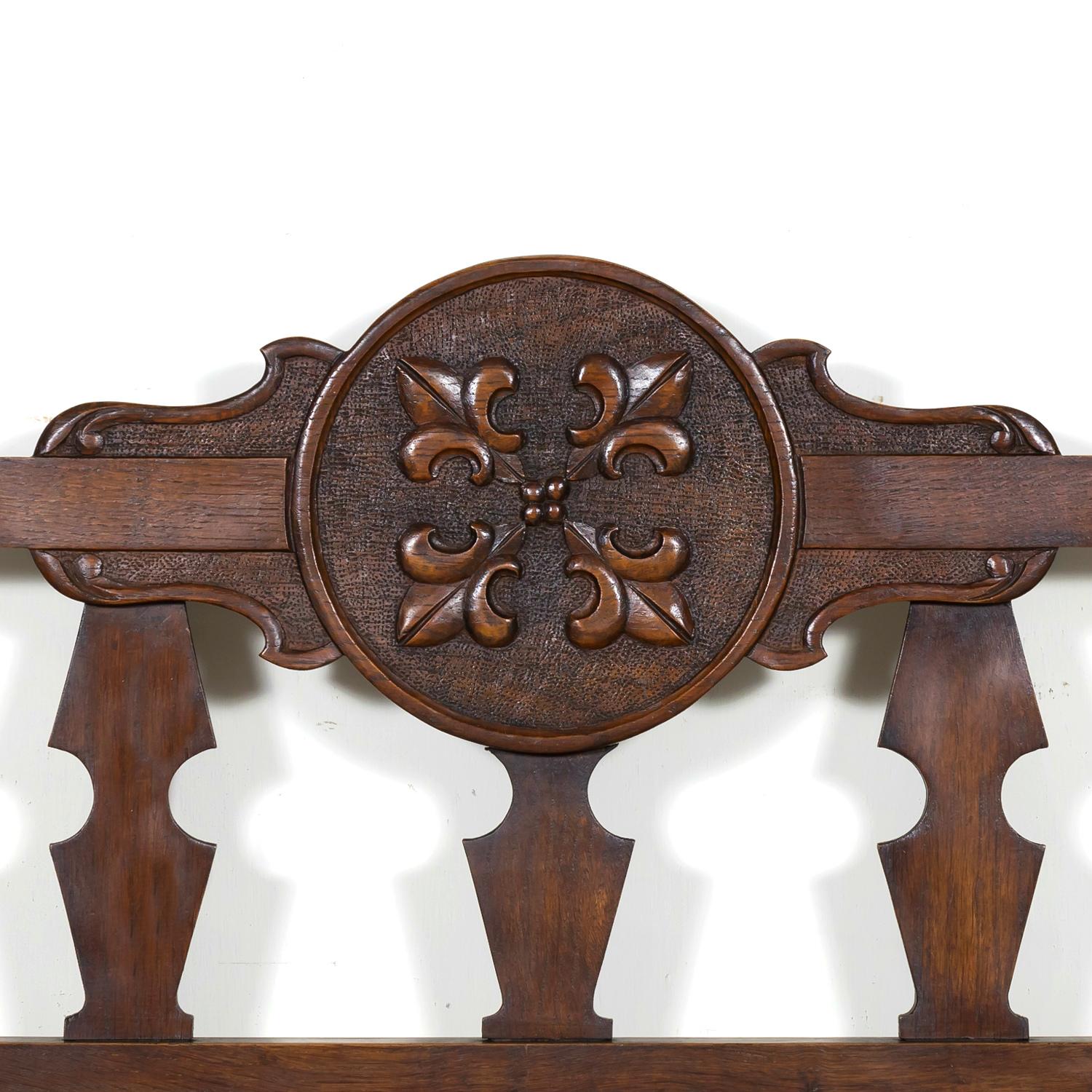 19th Century French Country Carved Oak Radassier or Hall Bench with Rush Seat 1