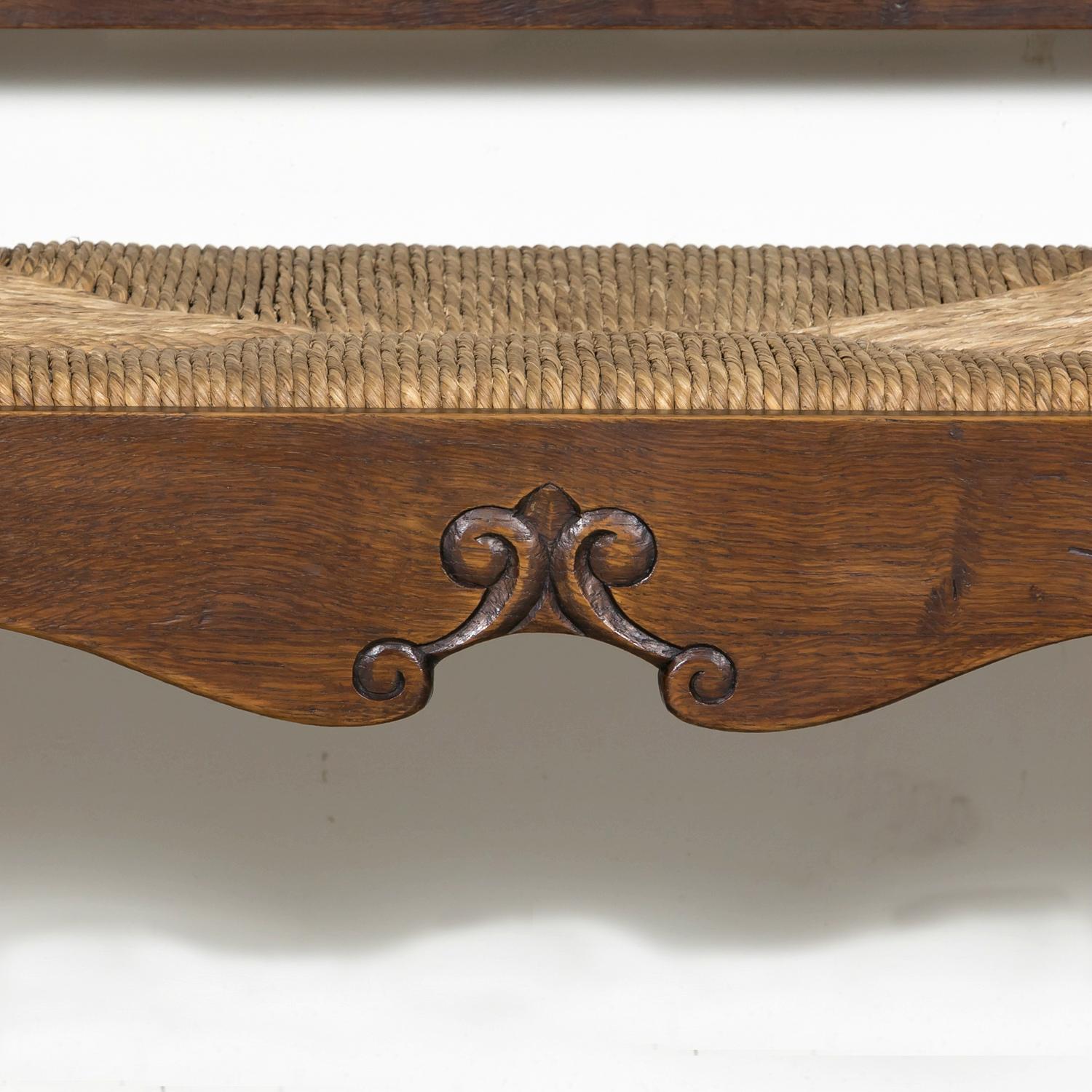 19th Century French Country Carved Oak Radassier or Hall Bench with Rush Seat 3
