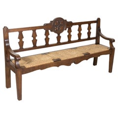 19th Century French Country Carved Oak Radassier or Hall Bench with Rush Seat