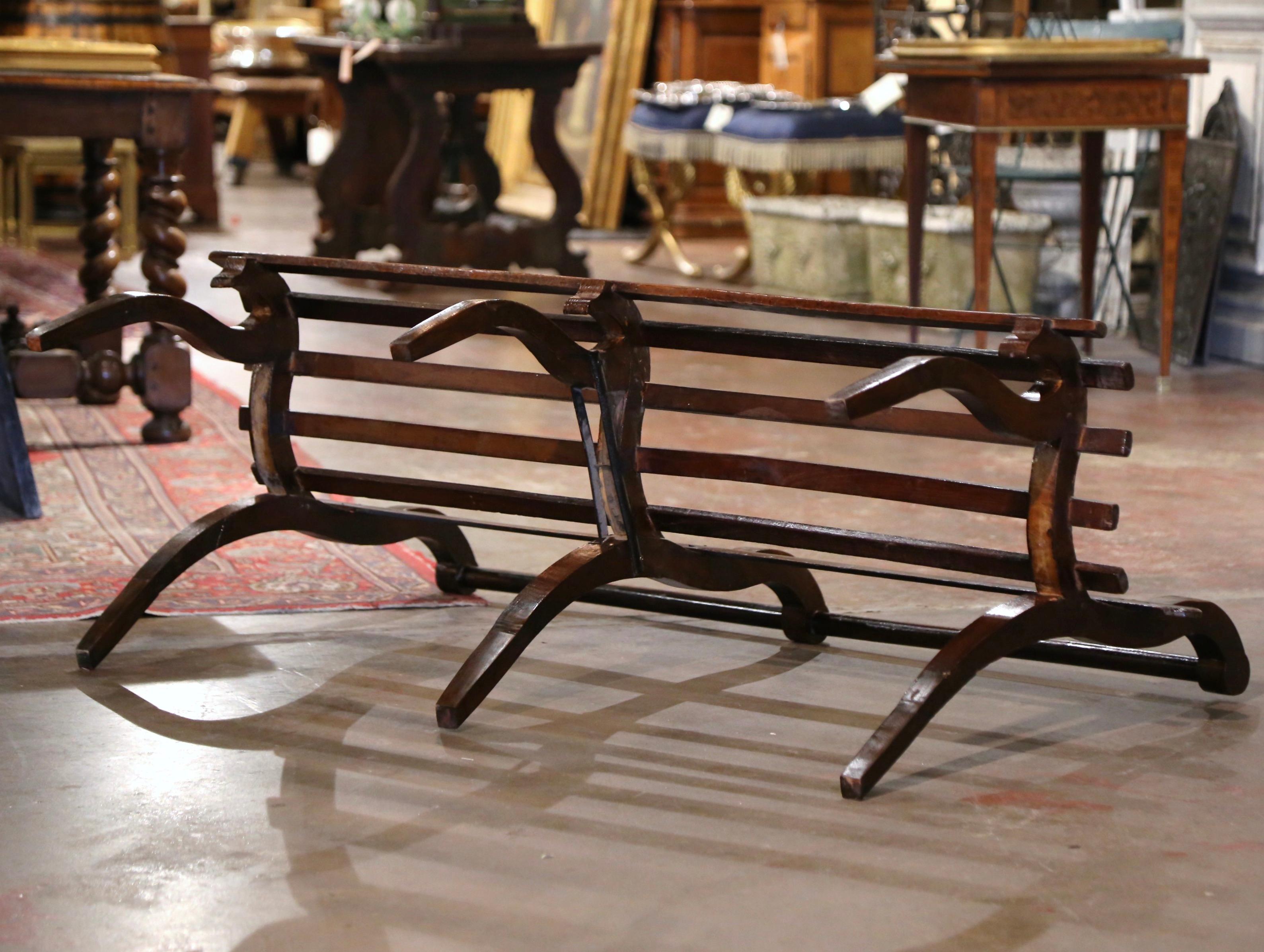 19th Century French Country Carved Oak Six-Leg Slat Bench  For Sale 6