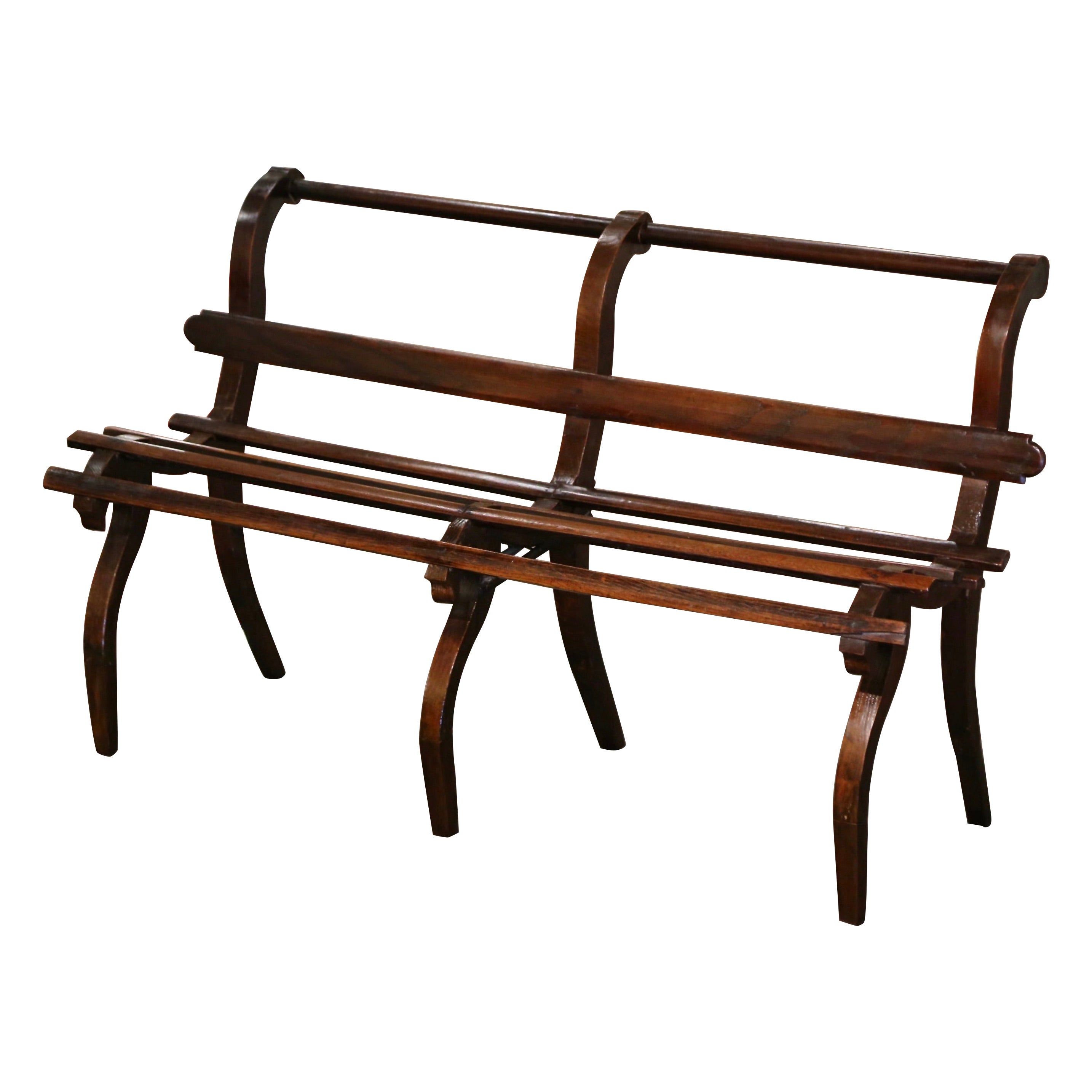 19th Century French Country Carved Oak Six-Leg Slat Bench