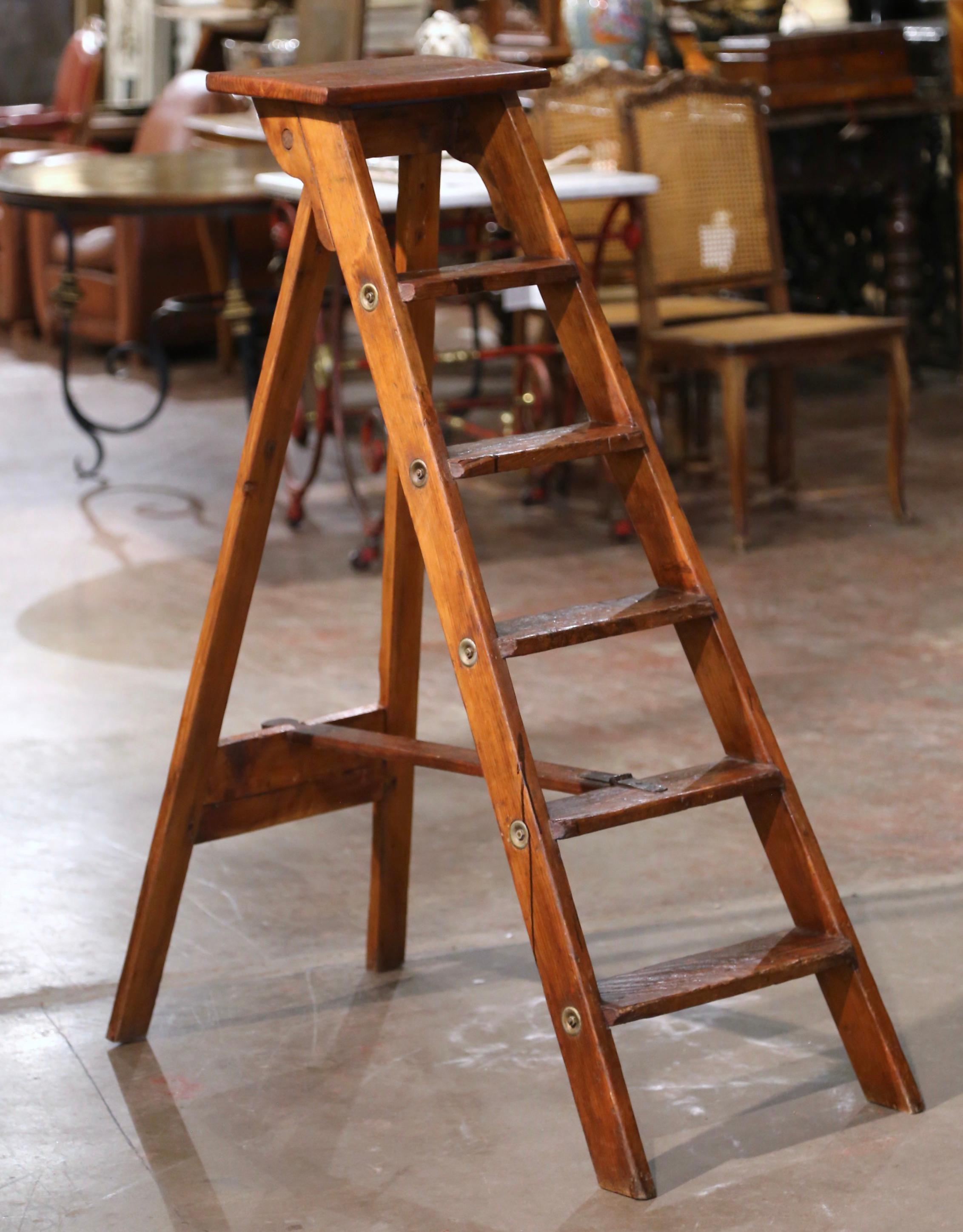 Iron 19th Century French Country Carved Pine Folding Library Step Ladder