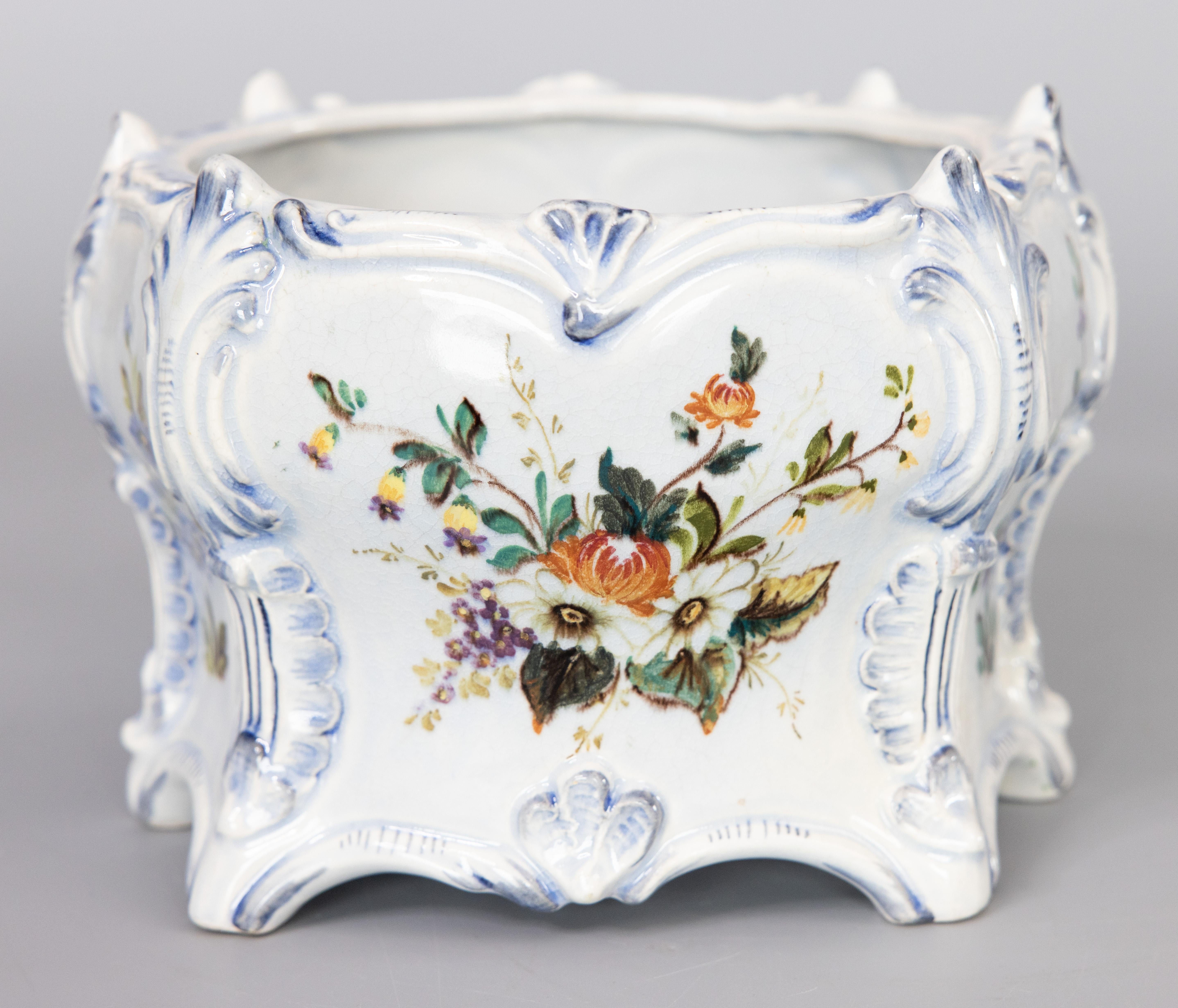 Hand-Painted 19th Century, French Country Floral Faience Cachepot Jardiniere Planter For Sale