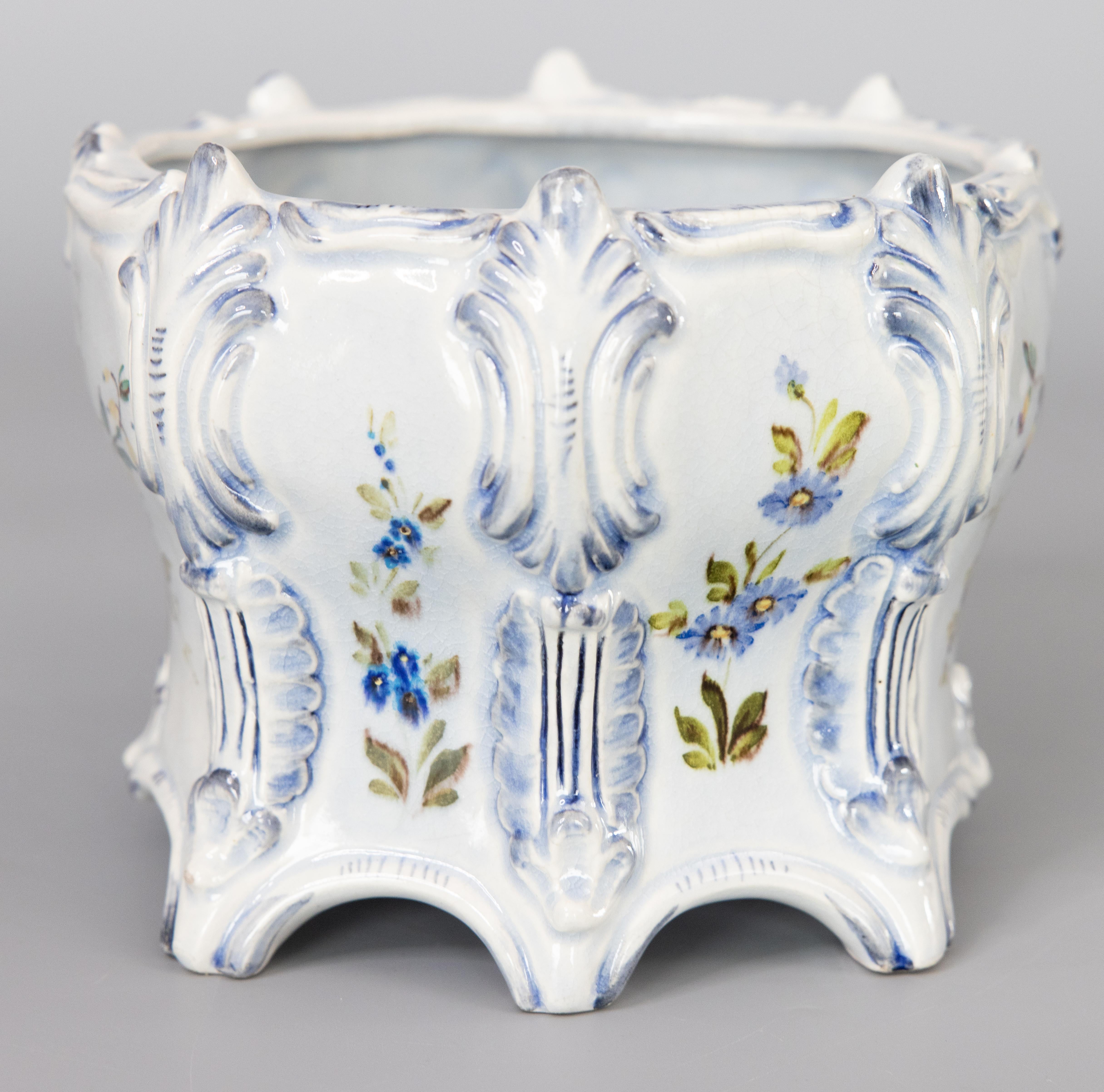 19th Century, French Country Floral Faience Cachepot Jardiniere Planter For Sale 1