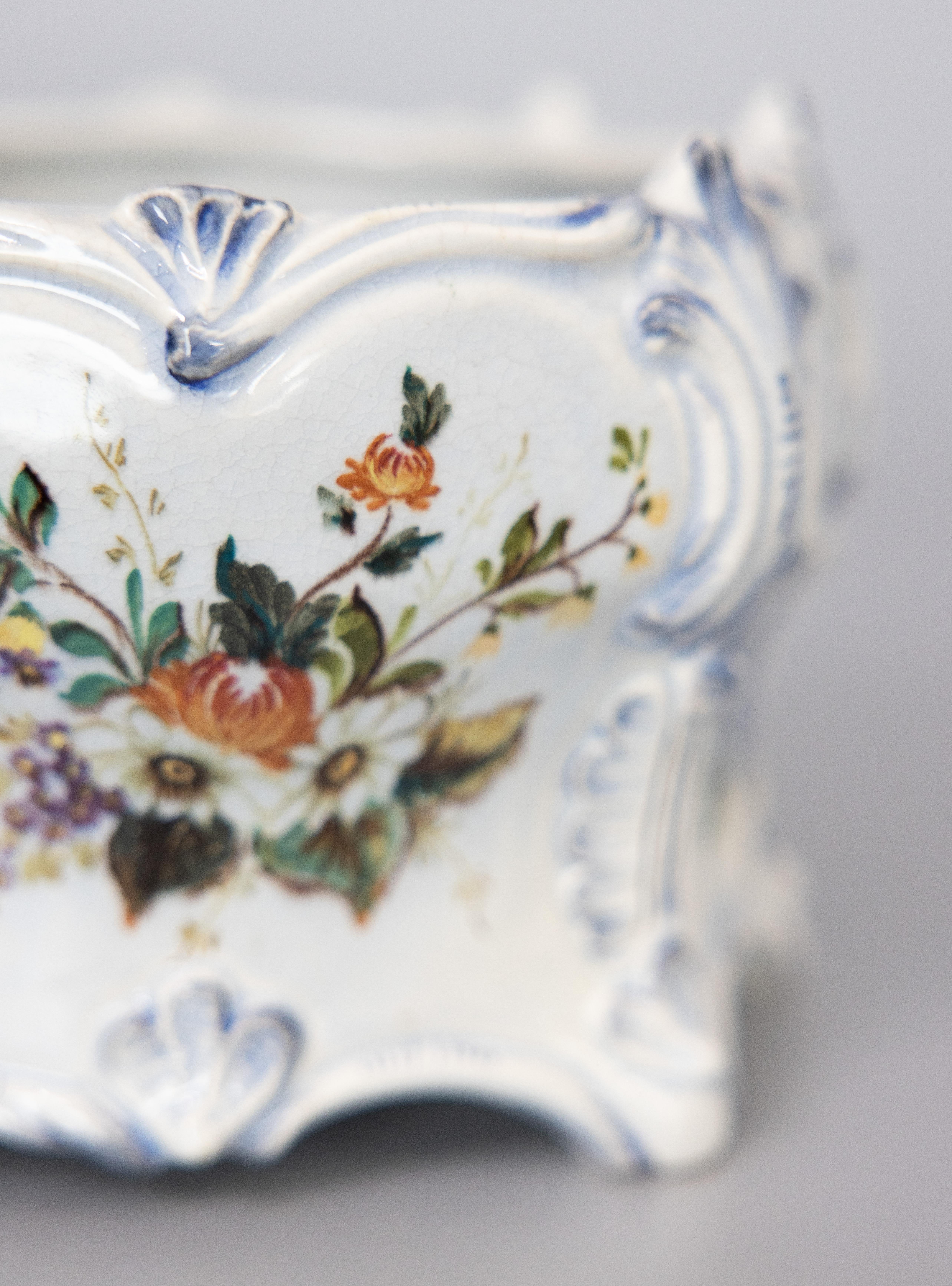 19th Century, French Country Floral Faience Cachepot Jardiniere Planter For Sale 4