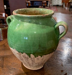 19th Century French Country Green Glazed Pottery Confit Pot from the Perigord