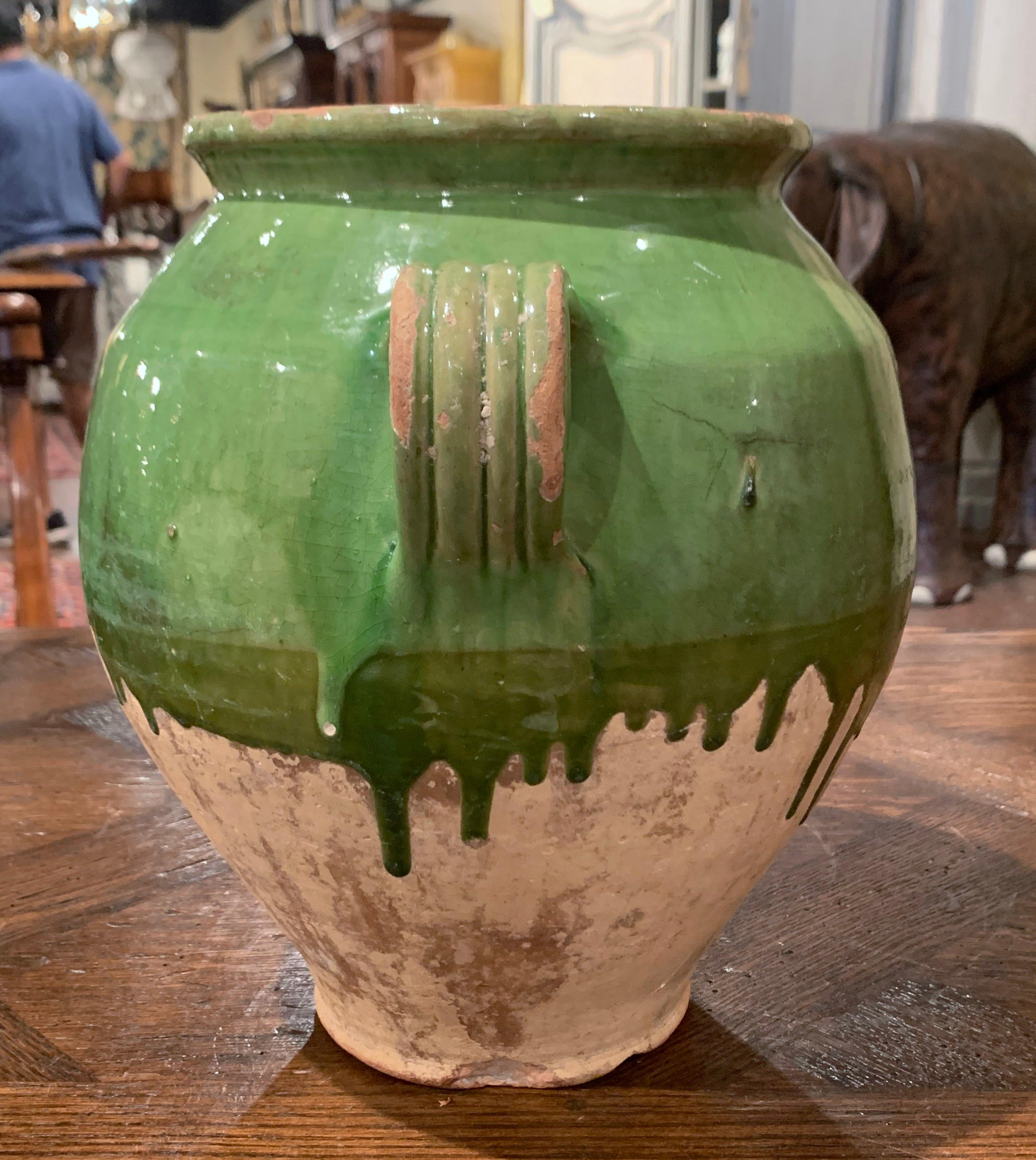 Earthenware 19th Century French Country Green Glazed Pottery Confit Pot from the Perigord