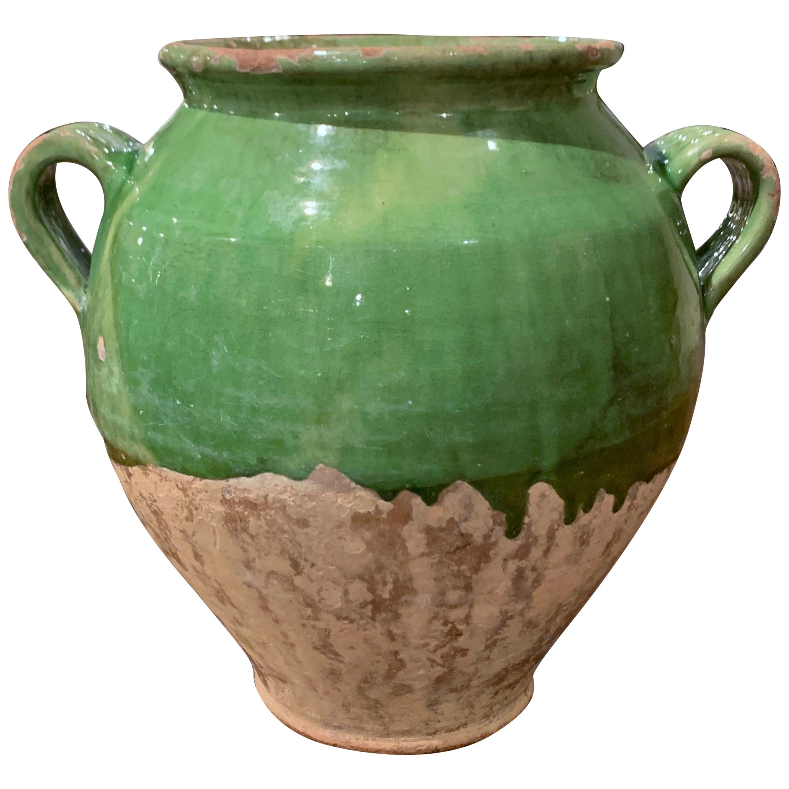 19th Century French Country Green Glazed Pottery Confit Pot from the Perigord