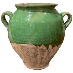 Used 19th Century French Country Green Glazed Pottery Confit Pot from the Perigord