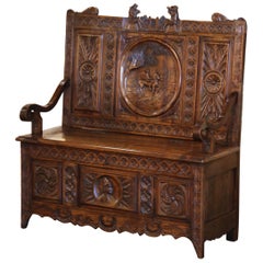 Antique 19th Century French Country Hand Carved Chestnut and Oak Bench from Brittany