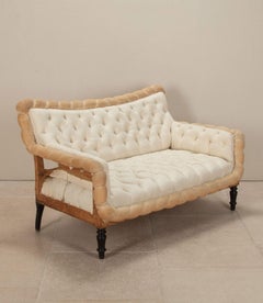 19th Century French Country House Buttoned Sofa with Rolled Edge in Calico